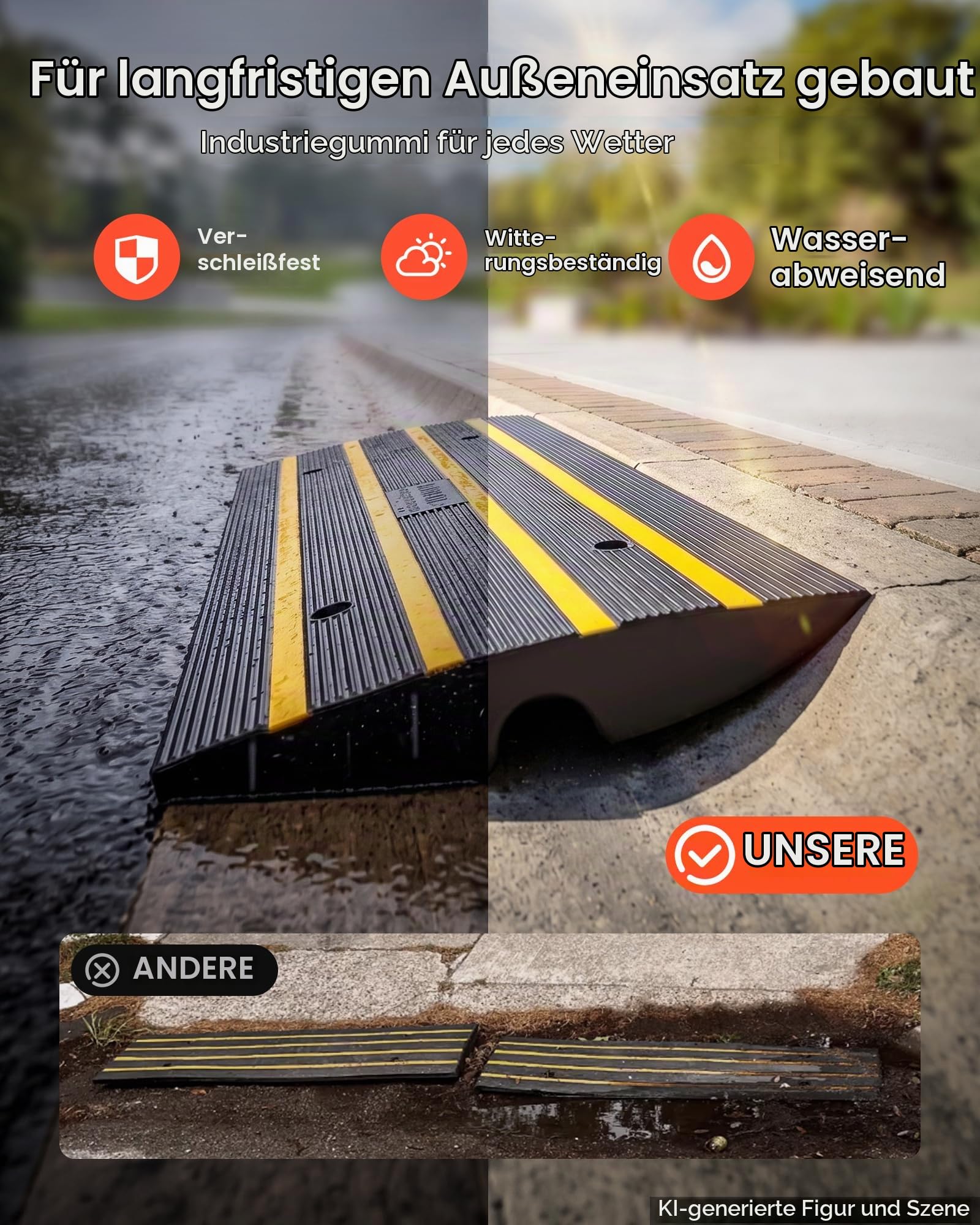 VEVOR Schwellenrampe Vollgummi Türschwellenrampe Max. Belastbarkeit 15Tonnen Bordsteinrampe mit 5,5x3,5cm Kanal Rollstuhlrampe 122x40,5x6,5cm Auffahrrampe Ideal für unebenen Boden Bordsteinkanten