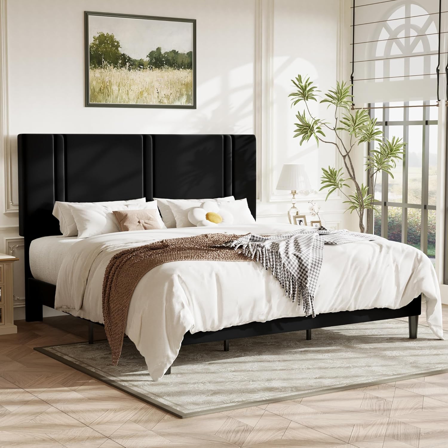 Allewie King Size Platform Bed Frame with Adjustable Headboard, Plush Velvet Upholstered, Vertical Channel Tufted, Sturdy Wooden Slats, No Box Spring Needed, Easy Assembly, Black