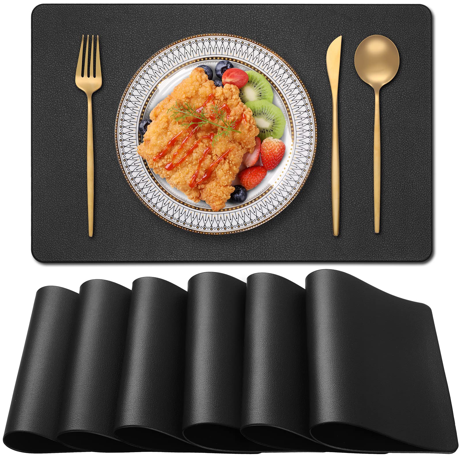 Set de table en cuir noir rectangulaire imperméable et lavable