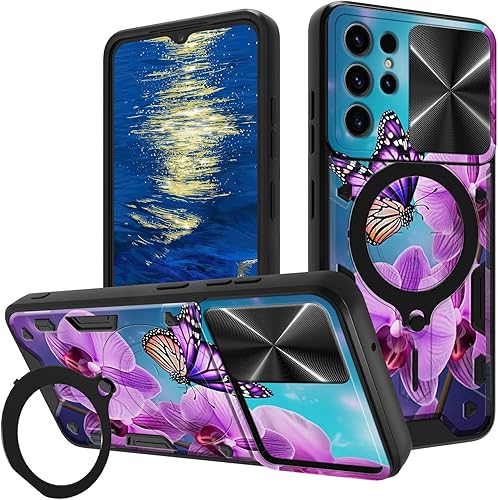 Vista 70 de Funda para Samsung Galaxy A13 5G con cubierta deslizante para lente de cámara y anillo giratorio de 360 grados, soporte híbrido de doble capa Flores