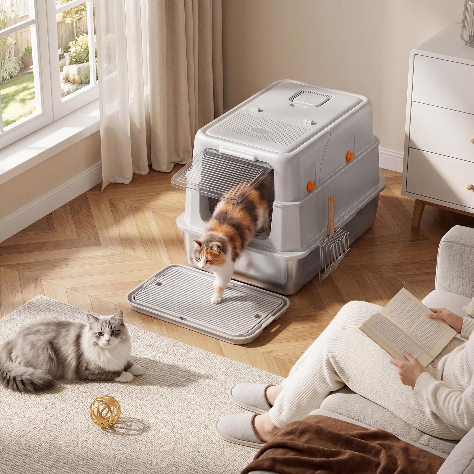 Katzenklo Edelstahl mit 180° Deckel, Doppelmatte, Metall Schaufel | XXL Katzenklo mit Aktivkohlefilter, Hoher Rand, Auslaufsicher Katzenklo, Leicht zu Reinigen, Geruchsfrei, für alle Katzen