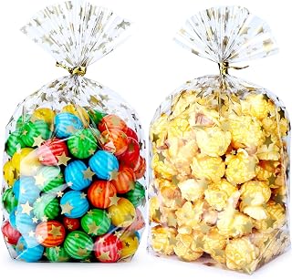 Bottom Gusset Bags 100Pcs 5X7" Gold Star Clear Cellophane Bags Plastic Gift Bags Cello Bags Treat Bags Bulk Party Favor Goodie Cookie with Gold Twist Tie