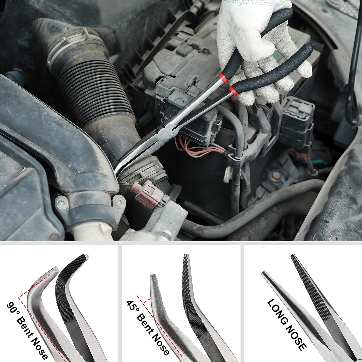 Mayouko 6PCS Extra Long Reach Pliers Set, 11" Straight, 45 and 90 Bent Nose, 5/16", 1/2" and 3/4" Circle Nose Pliers
