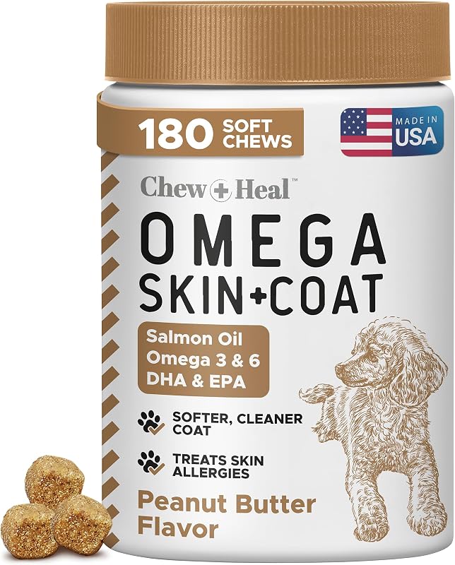 Suplemento de Óleo de Peixe para Cães com Ômega 3, Sabor Manteiga de Amendoim Chew + Heal Labs – 180 Unidades Mastigáveis