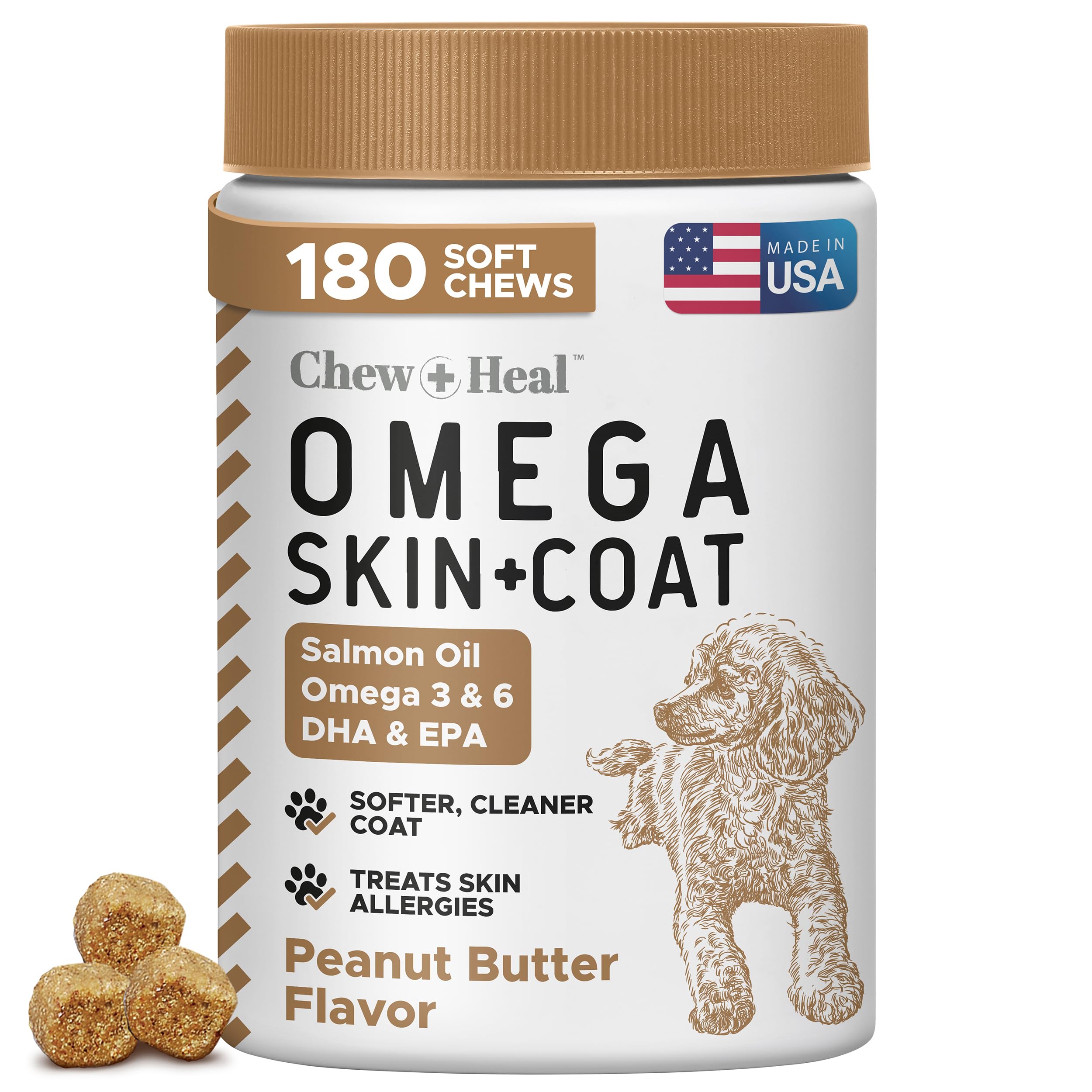 Omega for Dogs - 180 Delicious Soft Chews - Salmon Oil Treats for Skin and Coat, Itch Relief - Fish Oil Blend of Essential Fatty Acids, Omega 3, 6, and 9, and Vitamins - Peanut Butter Flavor