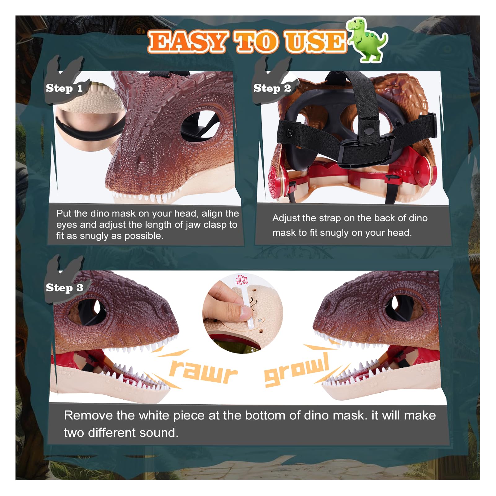 Starnearby Dinosaur Mask, Dino Mask Moving Jaw, Electric Dinosaur Toy Simulated Velociraptor Face Mask with Open Mouth Sound Effect for Kids Adults Funny Cosplay Gift Halloween Mask - Image 3