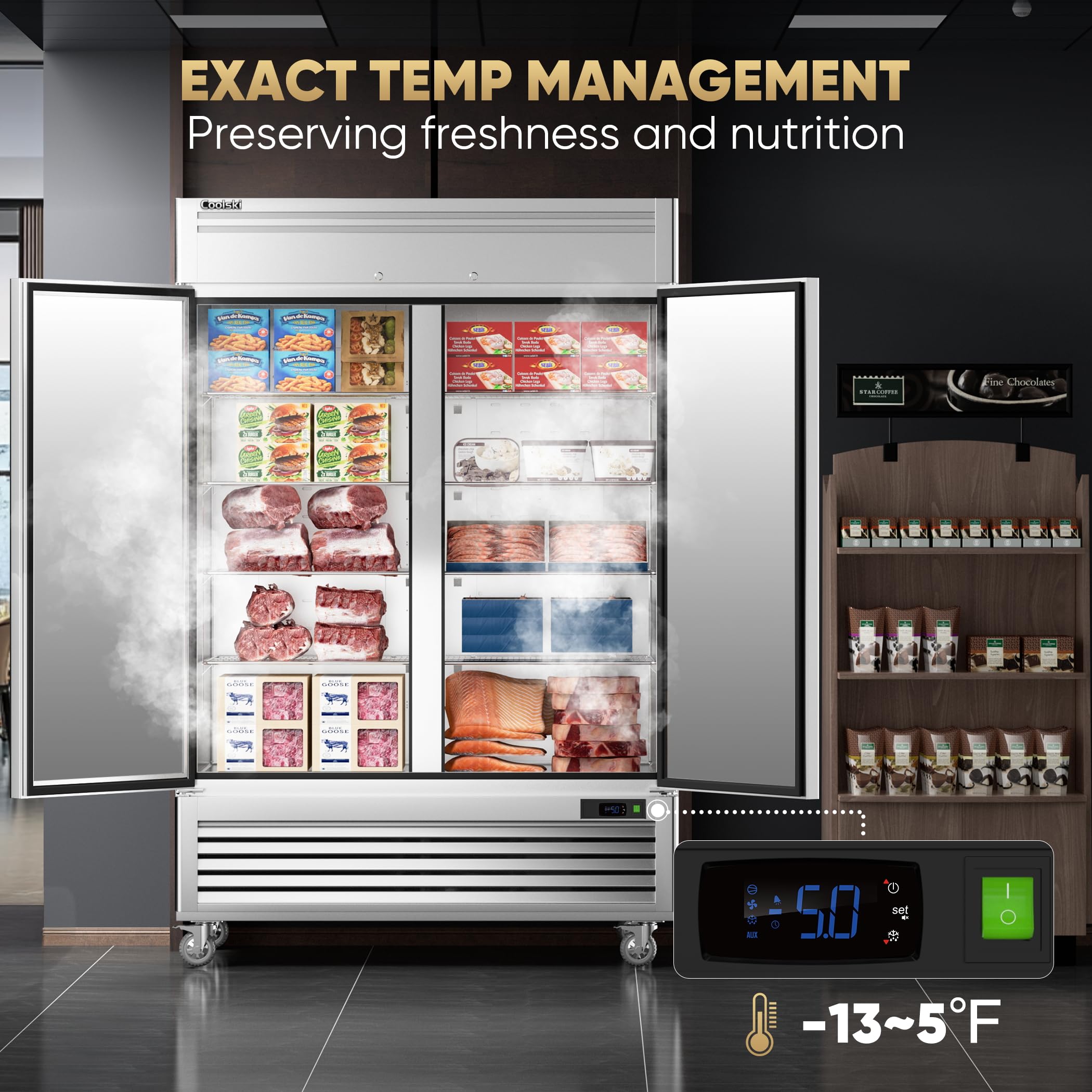 COOLSKI 54"W Commercial Freezer, -13℉ ~-5℉, 49 Cu.Ft 2 Door Reach-In Stainless Steel Upright Freezer For Restaurant, Café, Shop, Business, 8 Adjustable Shelves on Fridge.com - View 5