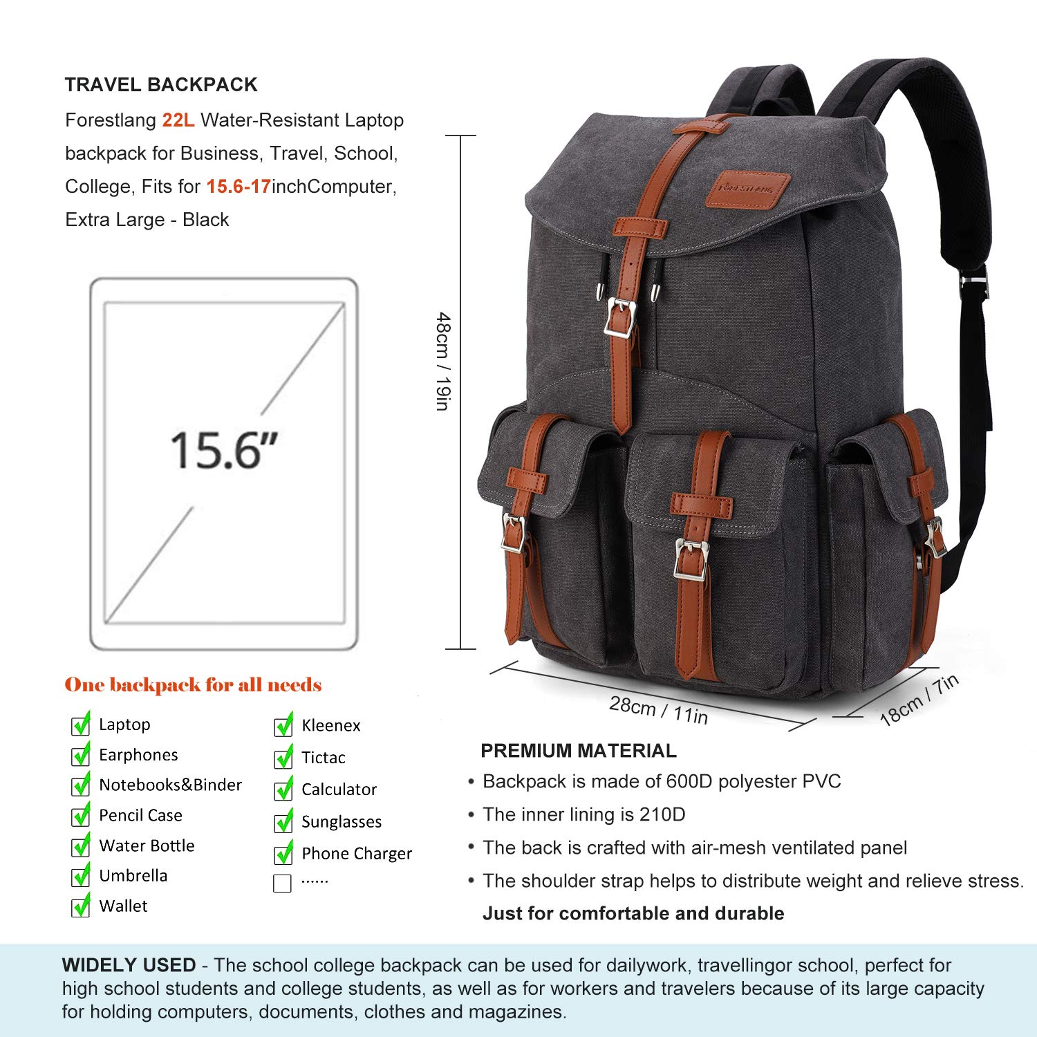 Travel Backpack, Forestlang 22L Water 