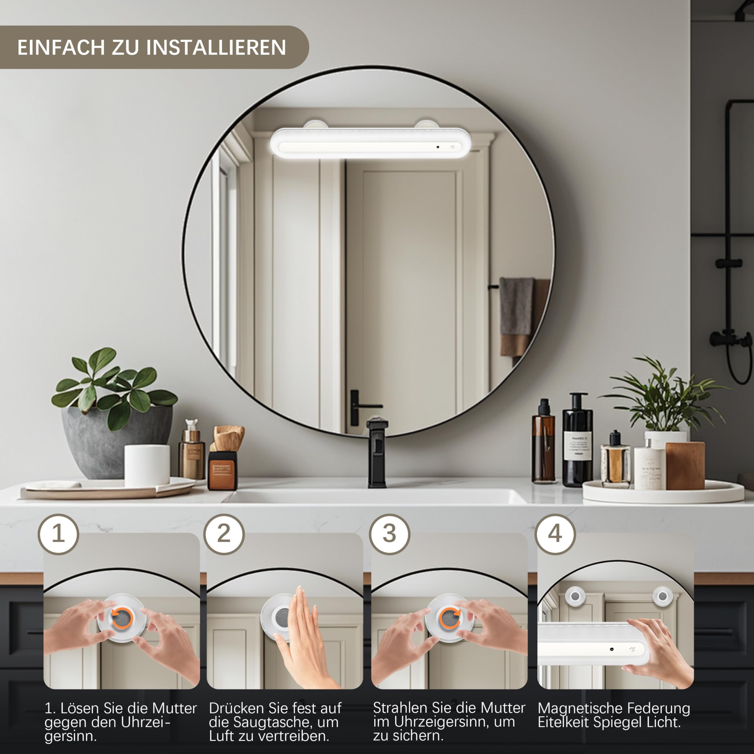 LED Schminktisch Dimmbar, 4000mAh Wiederaufladbar LED Spiegelleuchte Bad mit Fernbedienung, Kabellos Mirror Licht, Abnehmbare Magnet 360°Drehung Spiegellampe, Make-up Lampe, Weiss-2 Stück