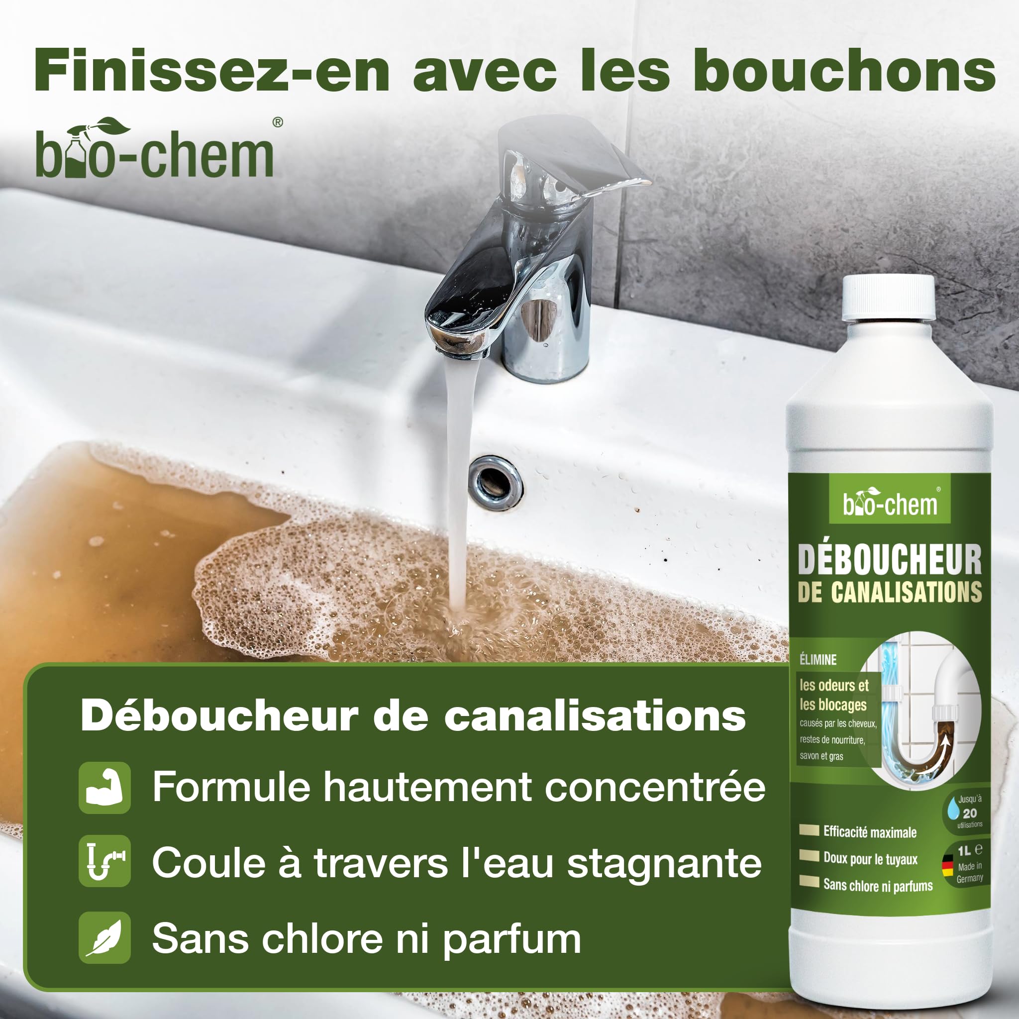 bio-chem Set de 9 nettoyants pour salle de bain, douches, WC | Déboucheur canalisation 1L - Décapant urine et calcaire 1L - Produit surfaces salle de bain 750ml + accessoires