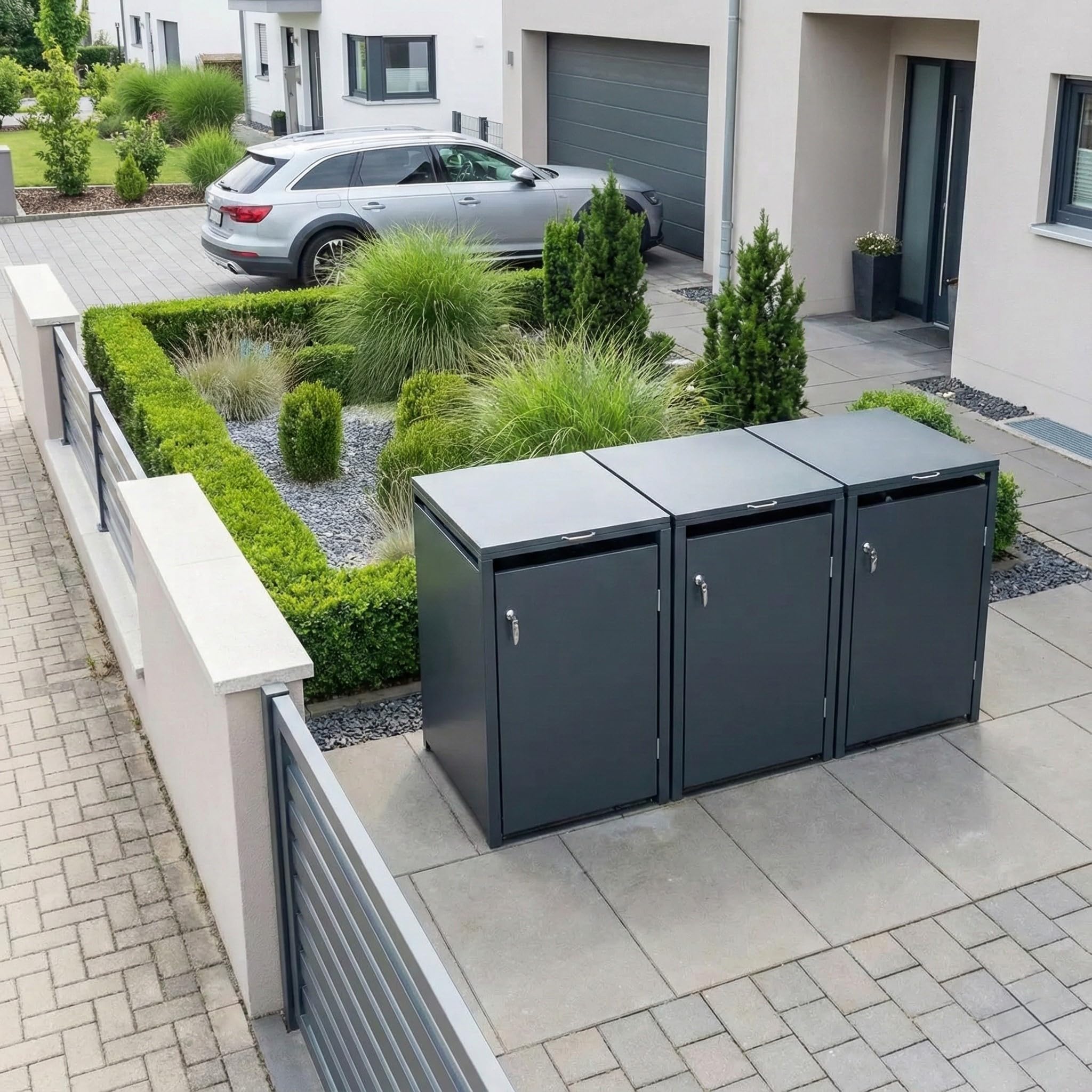 Metzler Mülltonnenbox 3er 240L aus massivem und pulverbeschichtetem Stahl in Anthrazit | Mülltonnenverkleidung für 3 Tonnen | Abfallbehälter Verkleidung | abschließbar | Müllbox | Tonnenhaus