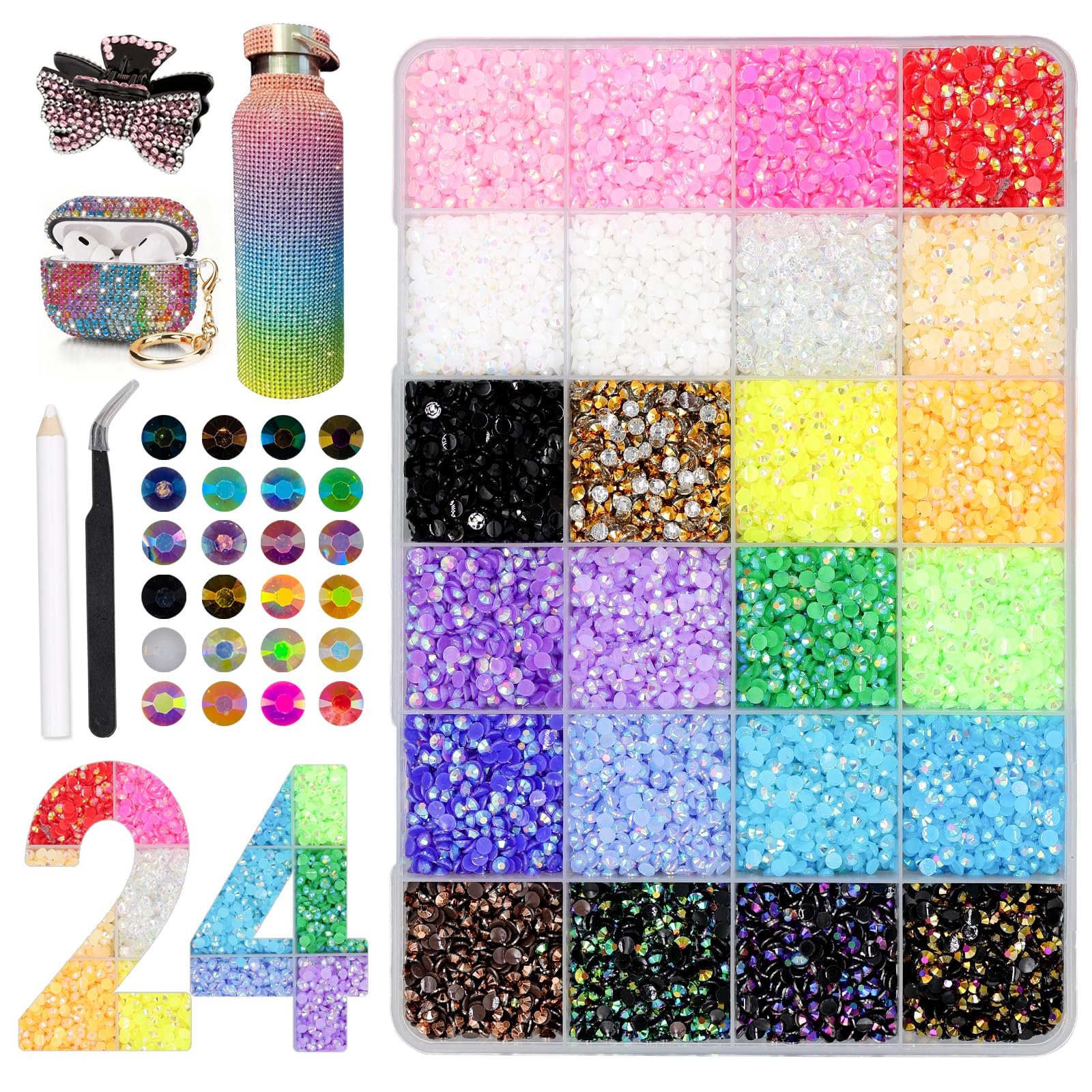 24000+ Pezzi 24 Colori Strass 3mm, Bedazzling Kit per Decorare Tazze, Cover per Telefono, Libri, Cornici e Abbigliamento, Brillantini Adatto per Nail Art e Decorazione del Viso