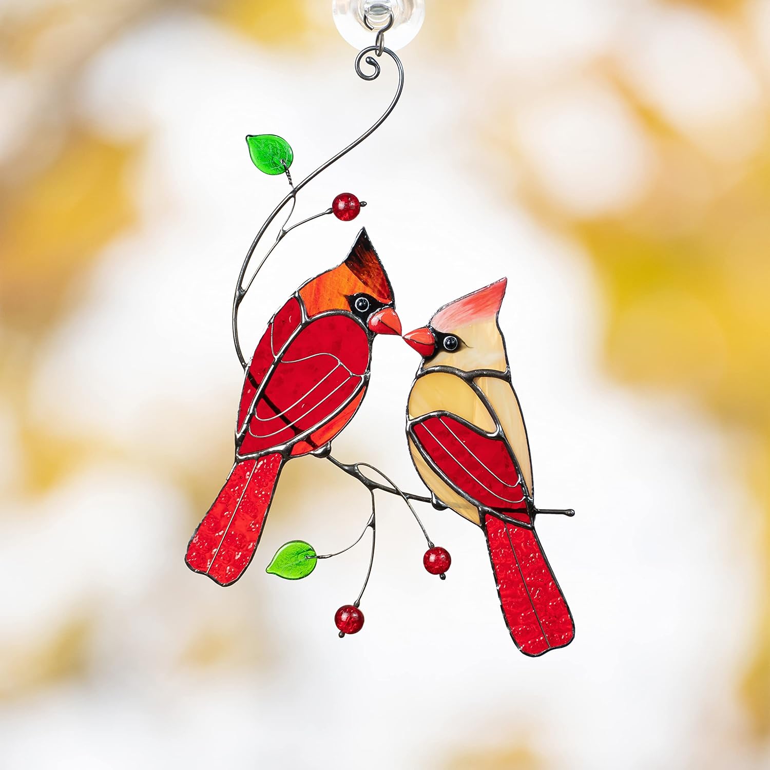 Red Northern Cardinal Birds Stained Glass Suncatcher Genuine Stained Glass Window Hangings Unique Indoor Ornament & Outdoor Decor (Style 1)