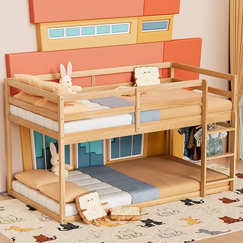 Miniatura 4 de TOLEAD Cama Baja Litera Doble sobre Individual, Cama Litera de Piso con Escalera, Cama Litera Doble con Barandillas Completas, Cama Litera de Madera