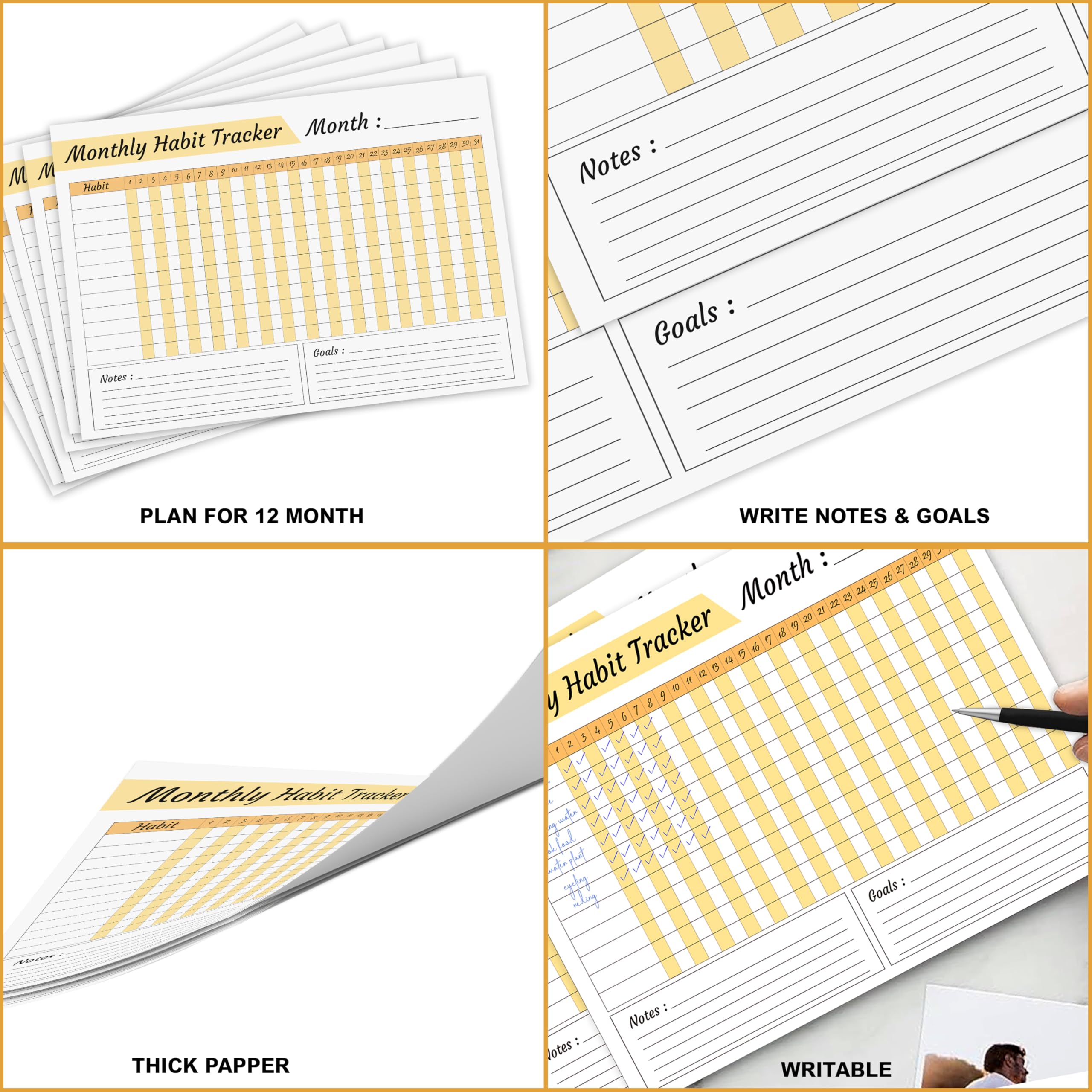 Trueflair Monthly Habit Tracker (A4 Size,13 Sheets) Undated Planner Sheets With Goals For Self Improvement (Design 1) 4