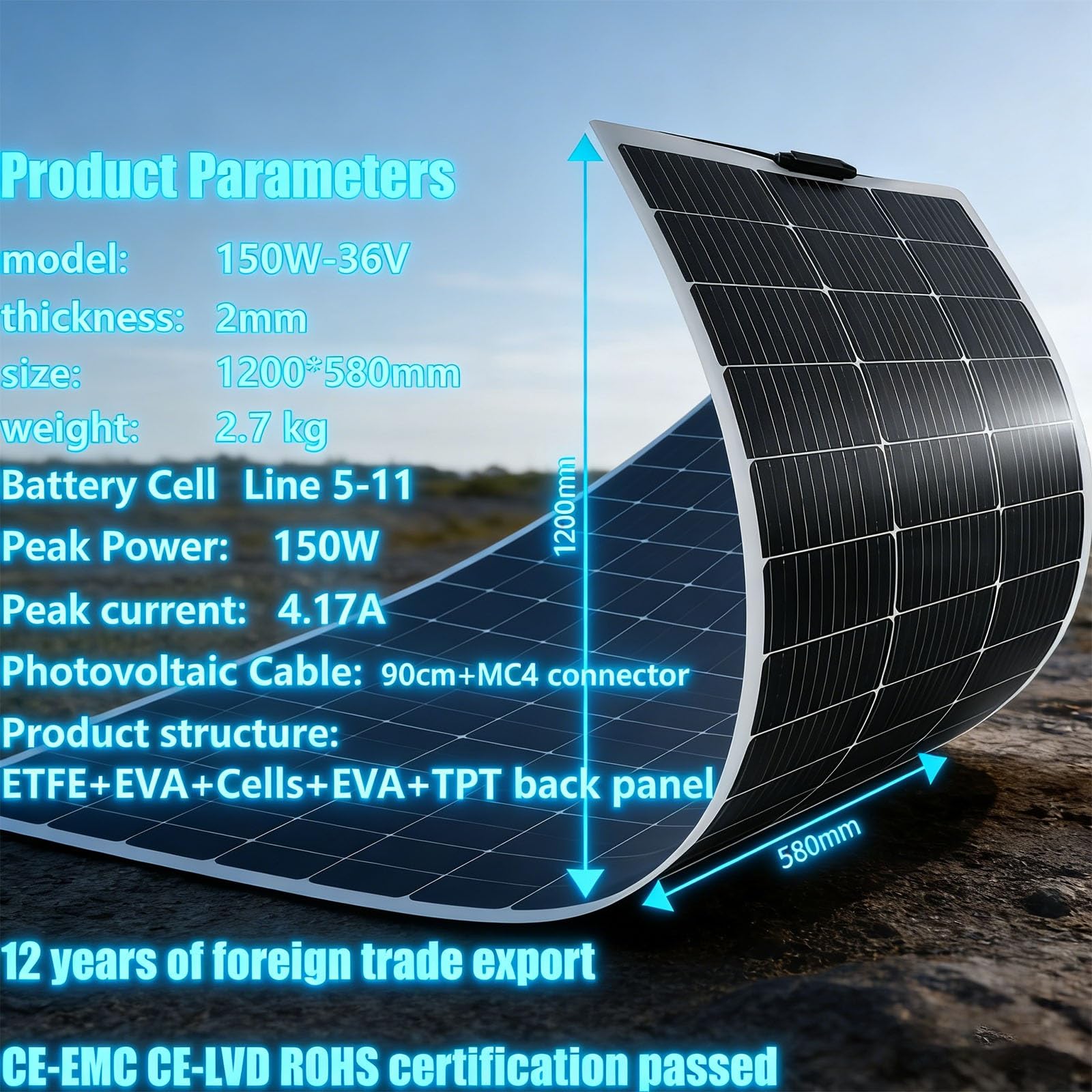 Pannello solare flessibile 150W/200W Semi-flessibile pieghevole 36V monocristallino Off-Grid for camper cabina cabina auto e roulotte camper barca(150W)