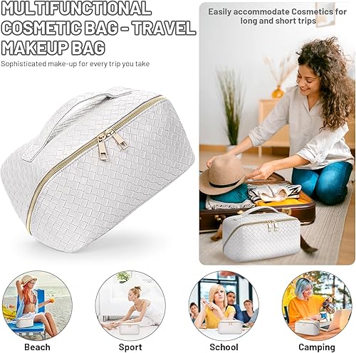 Miniatura 7 de Bolsa de maquillaje  Bolsa de cosméticos de viaje de gran capacidad, portátil de cuero impermeable, bolsa de maquillaje de viaje para mujer, con asa