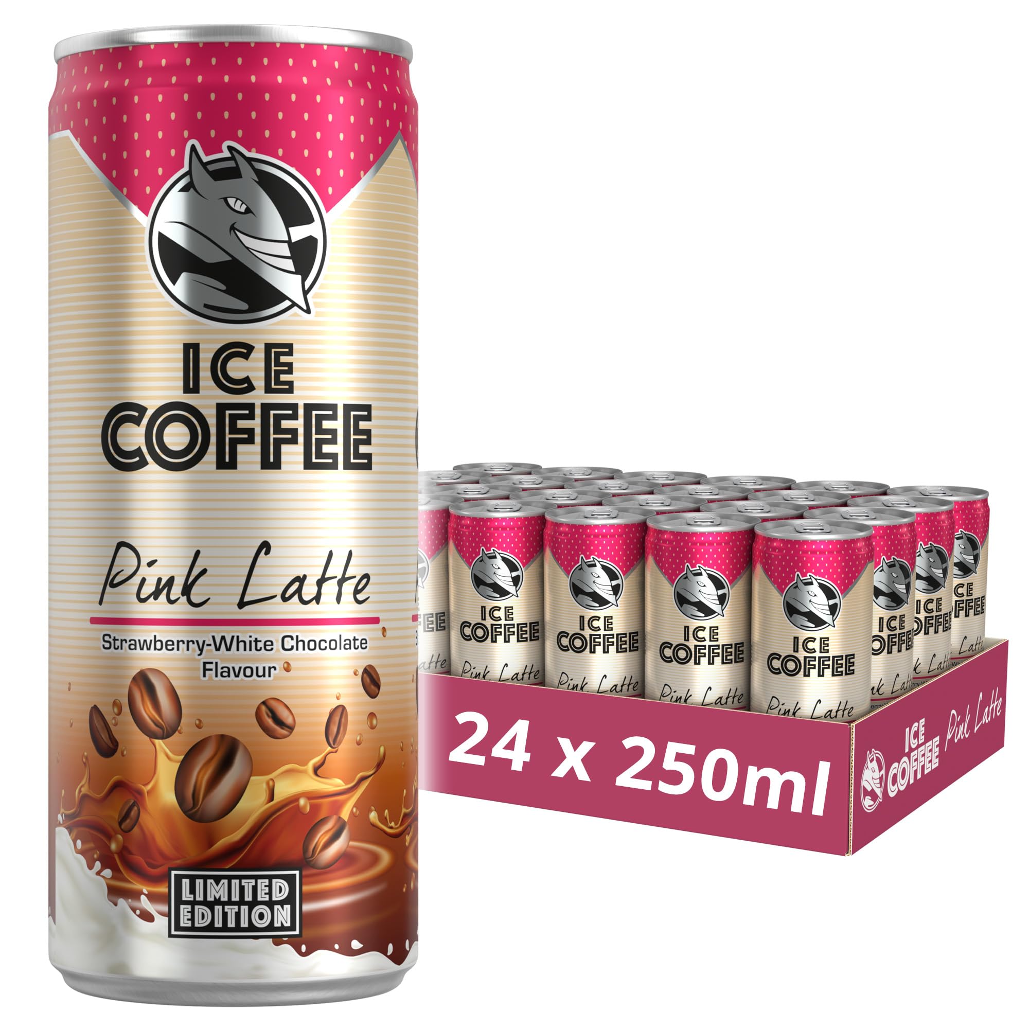 HELL Ice Coffee Pink Latte | Limited Edition | Strawberry and White Chocolate Flavour | 24 x 250ml Cans Multipack | 40mg/100ml Caffeine | Contains Arabica Coffee Extracts | Ready To Drink