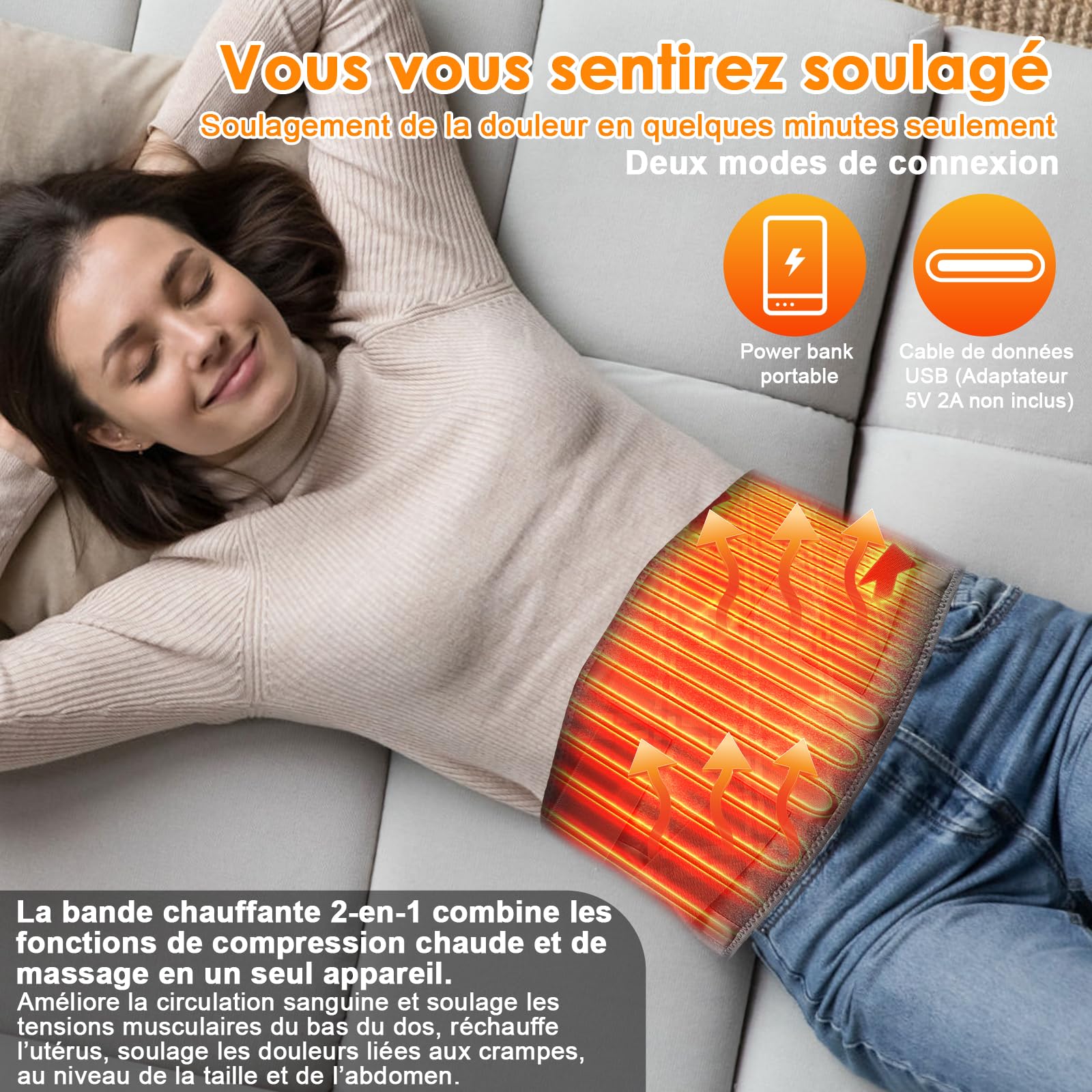 GuKKK - Bande chauffante électrique 16000 mAh - Chauffage Lombaire avec 3 niveaux de température et massage par vibration, bande chauffante Lombaire, pour dos d'abdomen (gris)