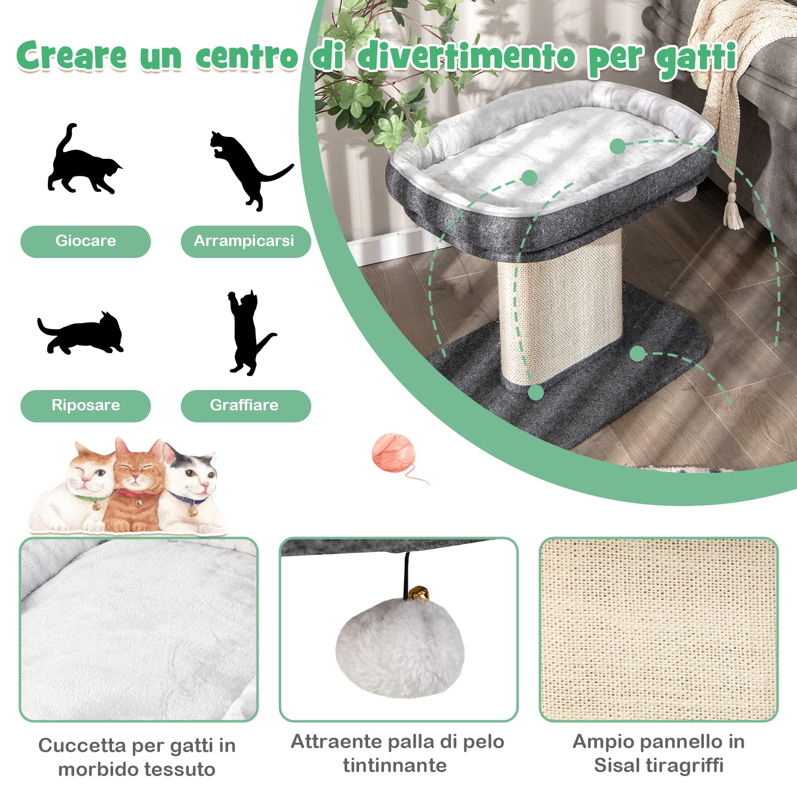 GYMAX Albero Tiragraffi per Gatti in Legno con Rivestimento in Peluche, Paletti in Sisal, Nido Confortevole, Palla da Appendere, 59 x 39,5 x 50 cm, Portata 20 kg (GRIGIO)