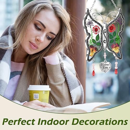 Miniatura 8 de KY&BOSAM - Adorno consistente en cristales atrapaluz con forma de mamá mariposa, carillón de viento con forma de mariposa con alas con flores