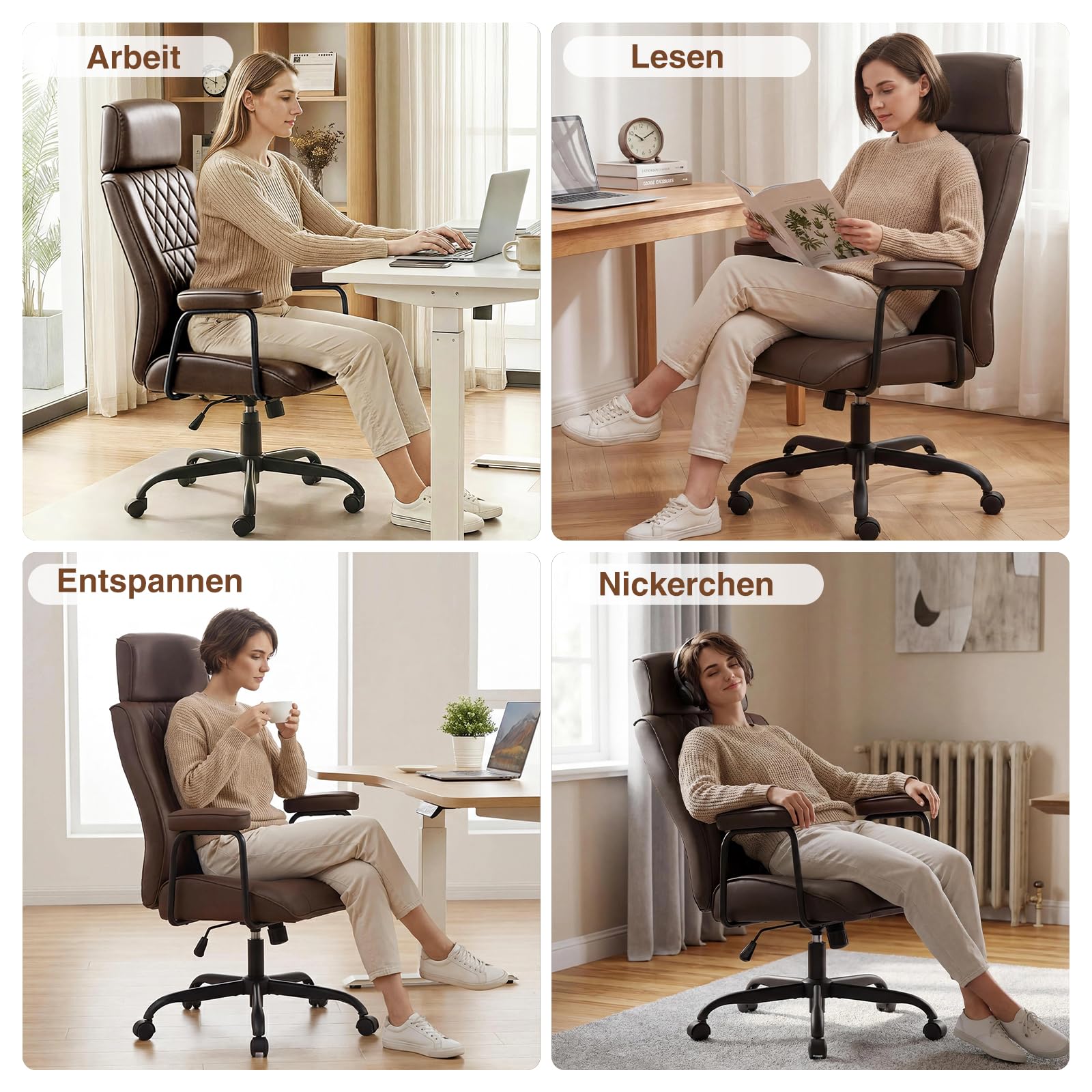 Bürostuhl Ergonomisch, Schreibtischstuhl mit Verstellbarer Kopfstütze, PU Leder Chefsessel mit Gepolsterter Armlehnen und Höhenverstellbar, Neigefunktion, Drehstuhl, Dunkelbraun