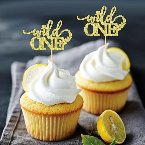 Miniatura 5 de Ercadio Paquete de 24 adornos para cupcakes Wild One, purpurina dorada Wild One, decoraciones para cupcakes Wild One, decoración para baby shower,