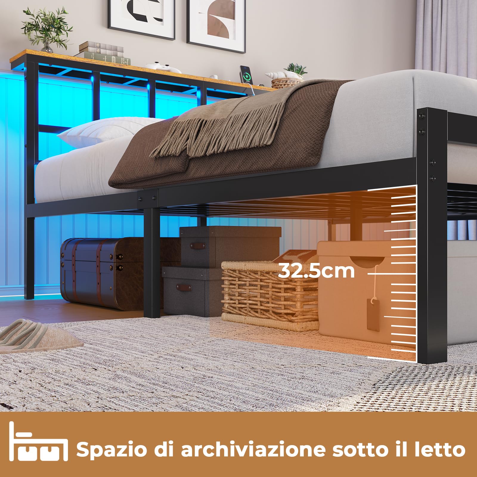 Brinlawb Struttura Letto Matrimoniale 180x200 cm con Luce LED e Stazione di Ricarica (2 Prese CA, 2 Porte USB) Struttura Letto 180x200 cm con struttura in metallo, Forte e stabile, Facile da montare