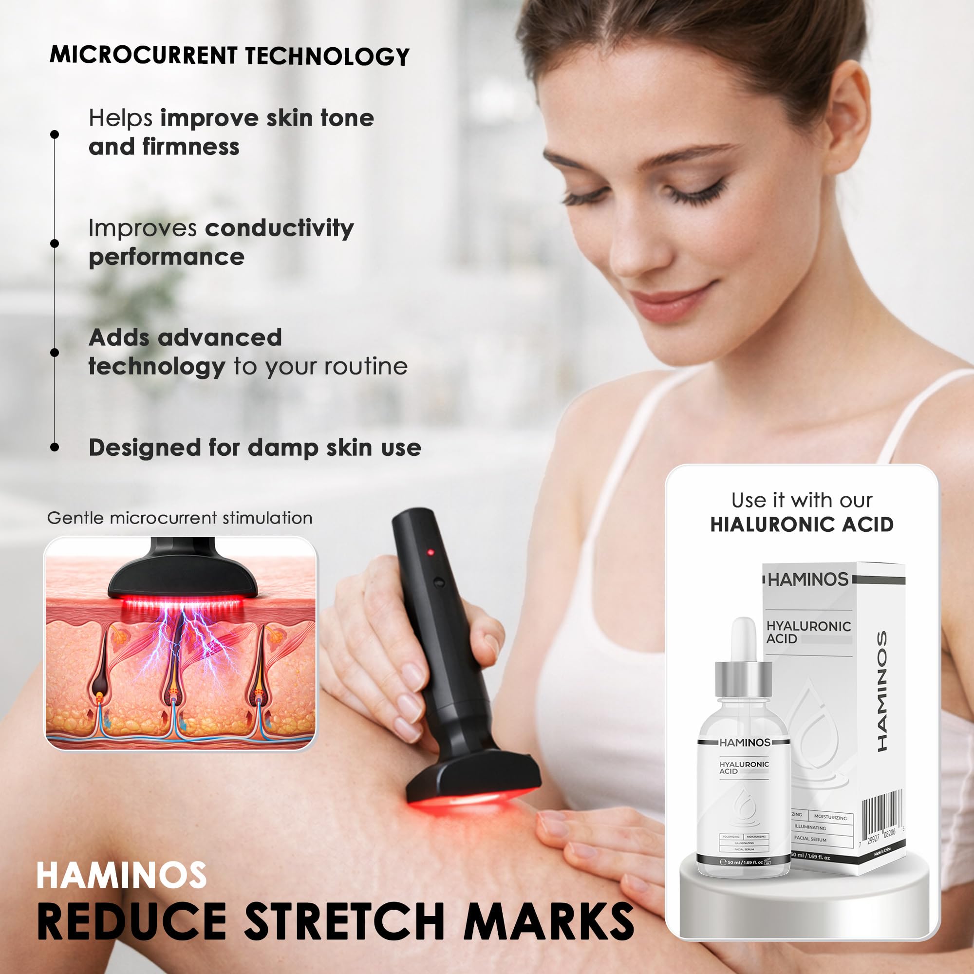 HAMINOS Derma Stamp 0.25 mm Red Light, Microcurrent, Vibration for Scalp & Skin, 4-in-1 Microneedling Stamp with 2 Needle Heads, USB-C Rechargeable