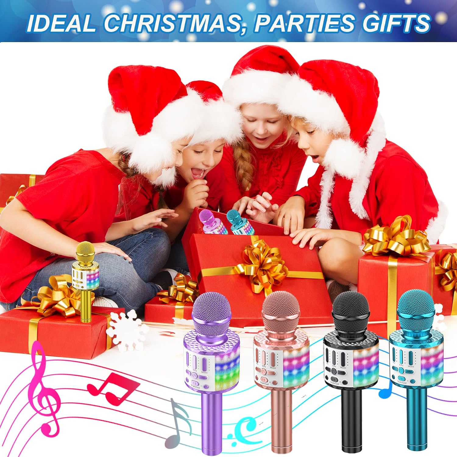 Karaoke Microphone for Kids Adults, Wireless 5 in 1 Handheld Bluetooth Microphone with LED Lights, Portable Smartphone Speaker Boys Girls Singing Toys for Home KTV Outdoor Christmas Birthday Party