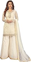 TRENDMALLS Women's Net Chanderi Cotton Embroidery Mirror Sequence work Kurta Sharara Set with Dupatta Stitched Ready To Wear