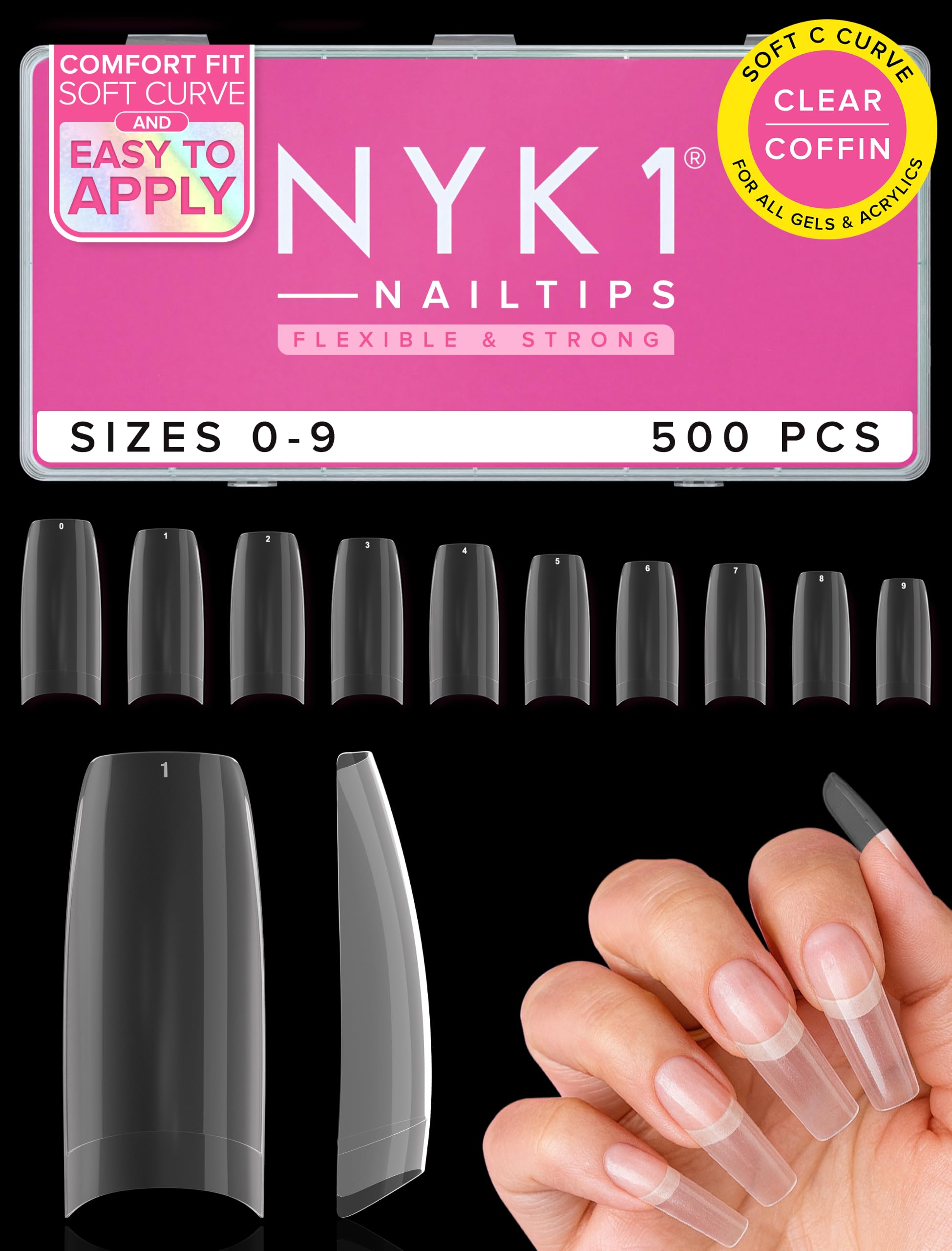 NYK1 Clear Nail Tips For Gel & Acrylic Nail Extensions | 500 PCS - 10 Sizes