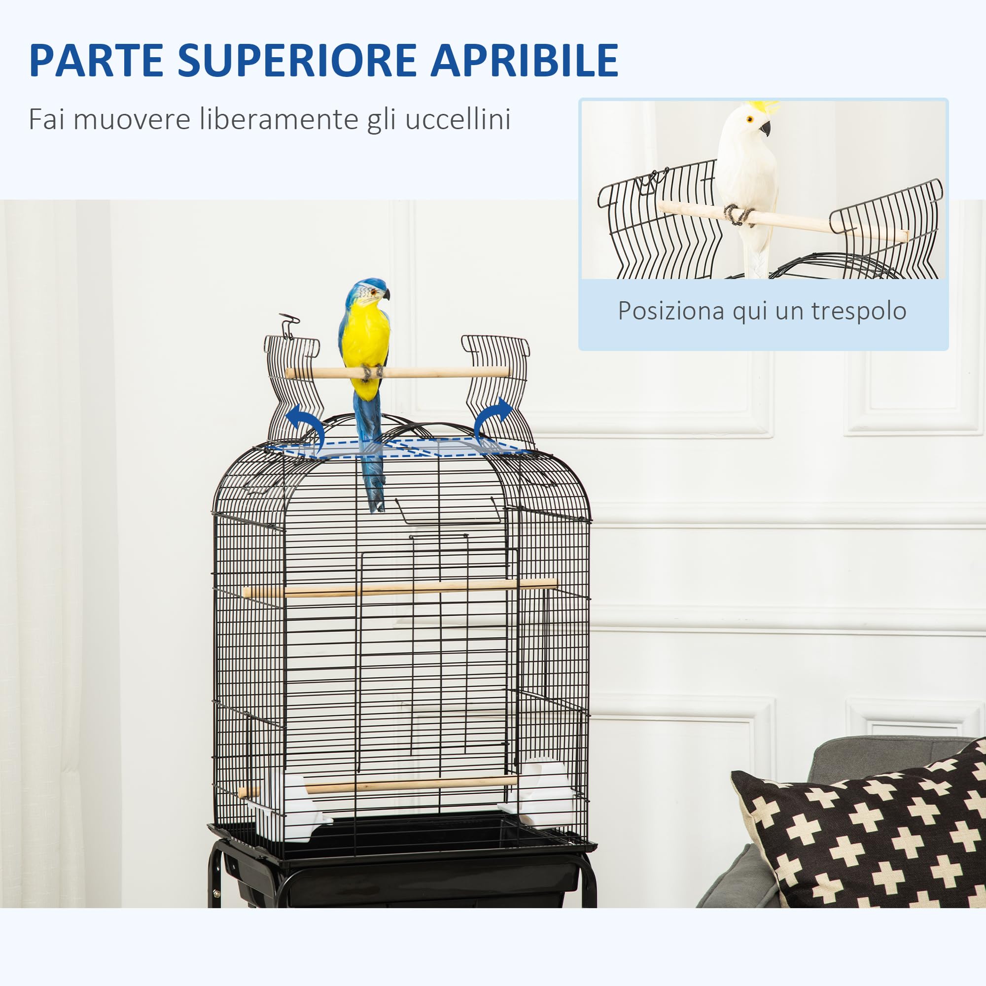 PawHut Gabbia per Uccelli con 3 Posatoi, 2 Ciotole e 2 Porte Laterali, Gabbia per Animali in Acciaio, PP e Legno, 46x36x130 cm, Nera