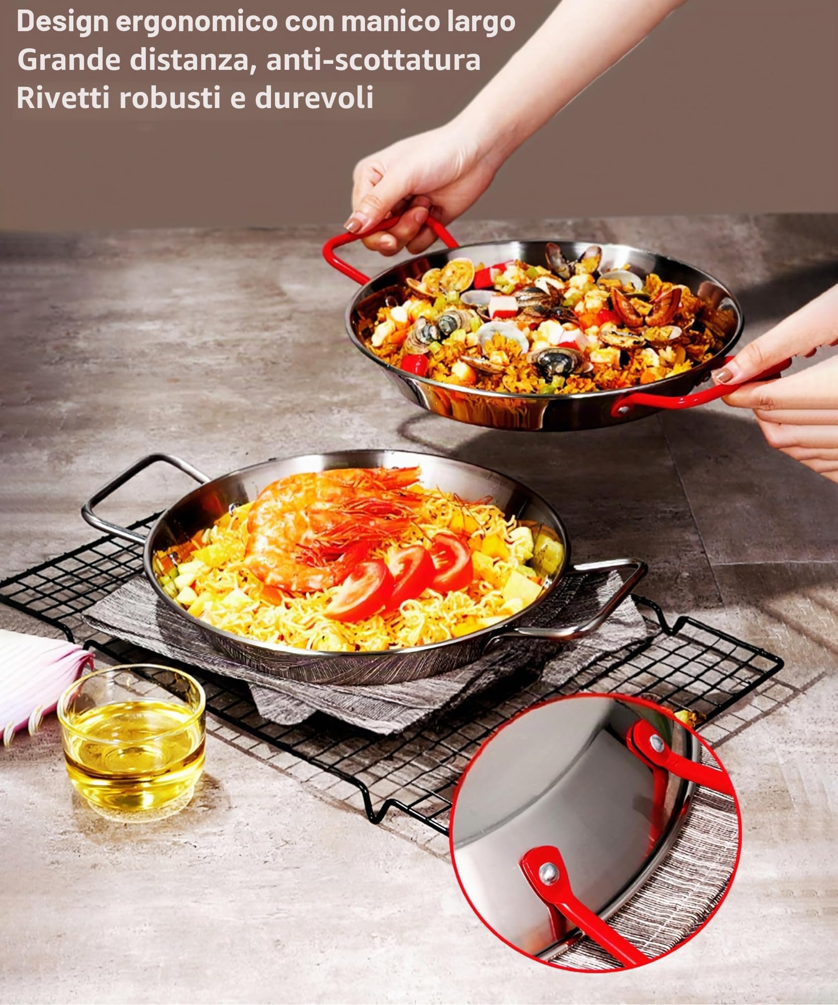 Padella per paella in acciaio inox con manici rossi