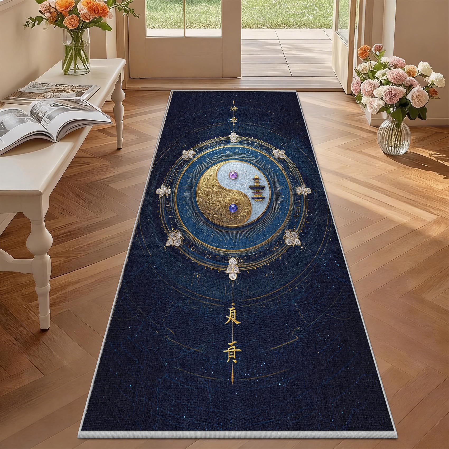 Tapis de couloir antidérapant Yin Yang lavable 60x180 cm pour entrée douce