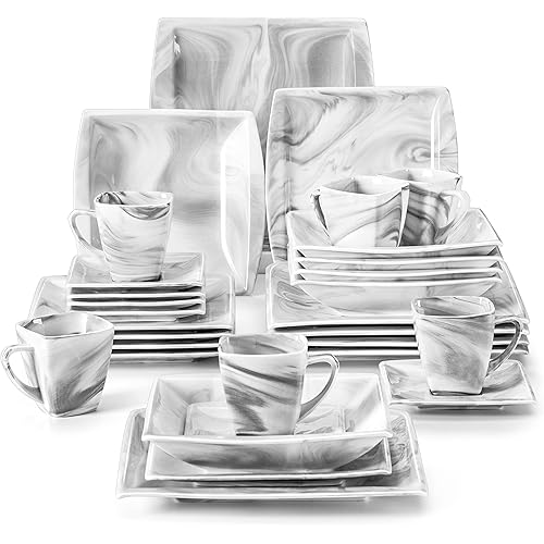 MALACASA Dinnerware Sets, 30 Piece Porcelain Plates and Bowls Sets for 6, Square Dish Set with Dinner Plates Set, Cup and Saucer, Modern Dishware Dishes Microwave Safe, Marble Grey, Series Blance