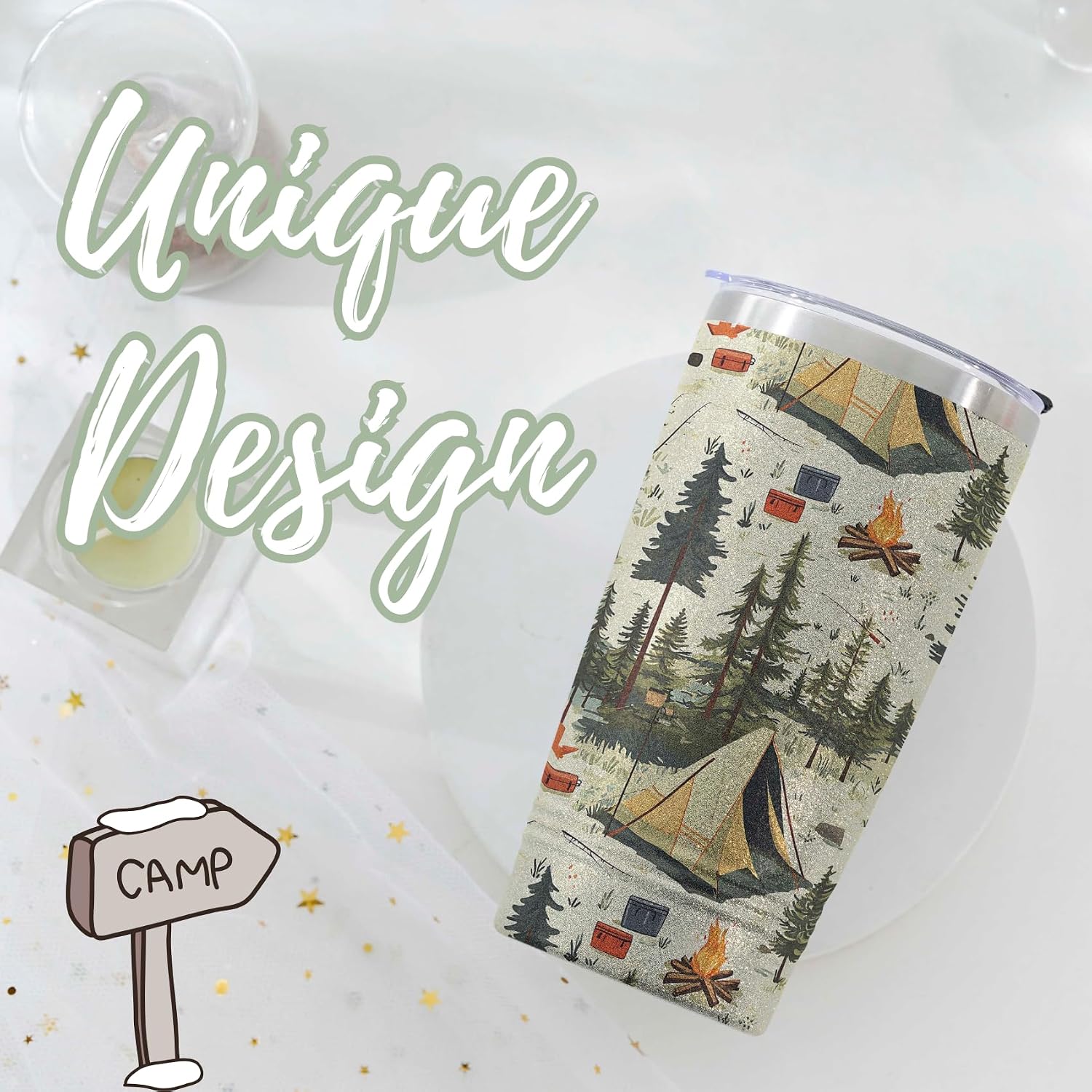 Onebttl Camping Gifts for Women, Men, Cool 20oz Stainless Steel Skinny Tumbler with Lid & Straw, Unique Gift for Camping Lovers - All-over Print