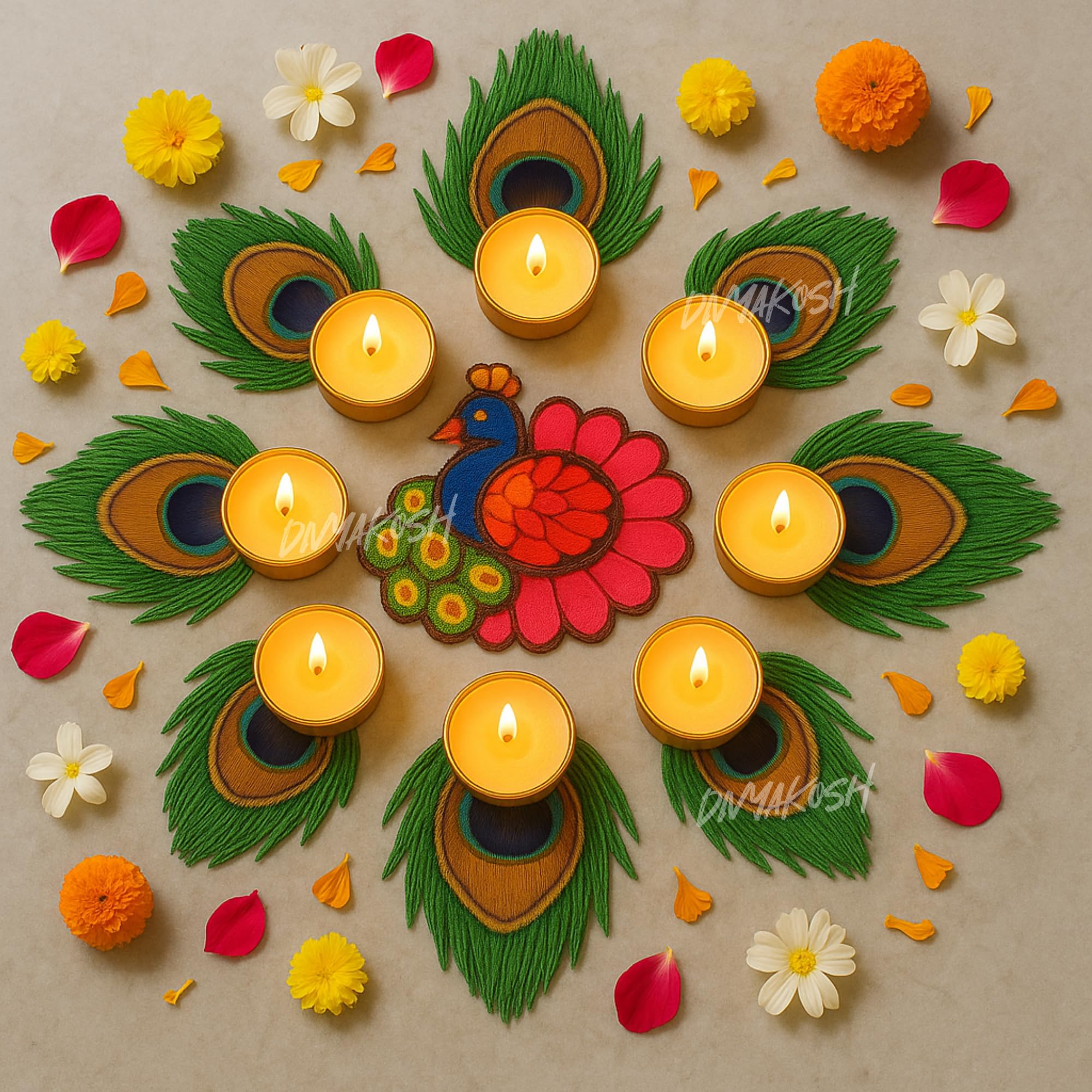 Divyakosh Decorative Peacock Tealight Candle Holder - Set of 9 with Wax Candle – Mor Pankh Reusable Diya for Diwali, Rangoli Decoration Items, LED Tealight, Indoor Outdoor, Festive Gift, Puja Decor