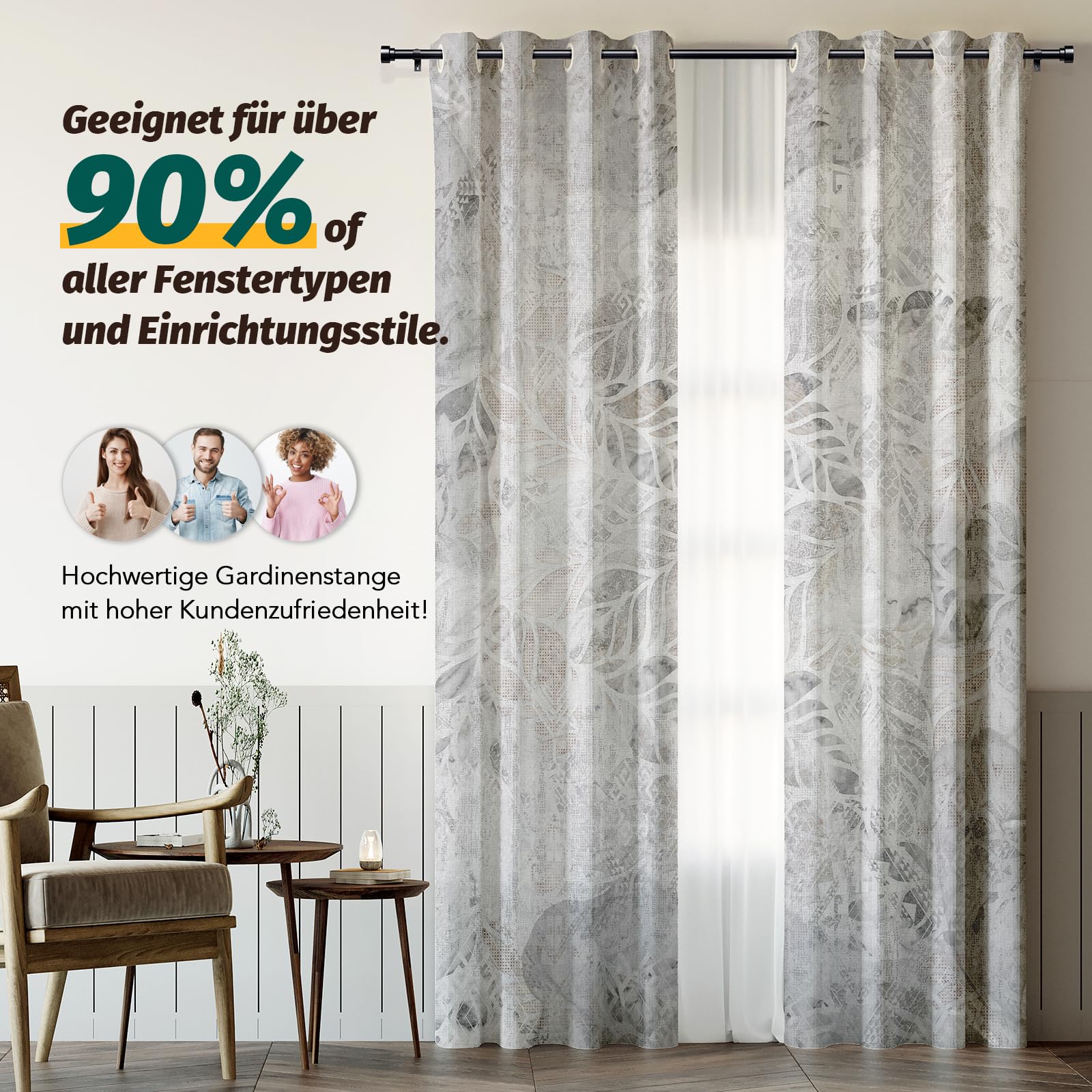 Schwarz Vorhangstange Ausziehbar Gardinenstange Curtain Rod Gardinenstangen für Fenster Outdoor (Schwarz Matt, 76 to 228 cm)