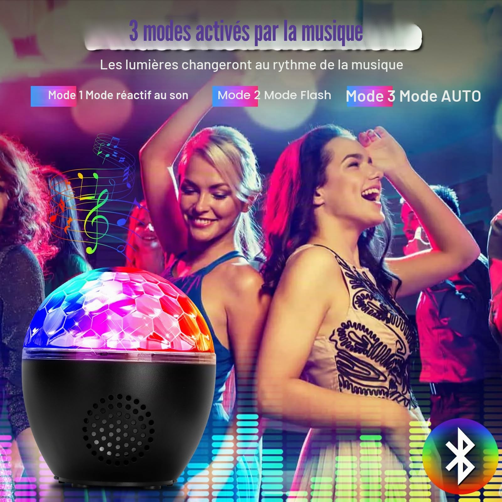 Boule Disco Led 16 Couleurs Lumiere Disco Éclairage de Discothèque Lampe de Scène Lumiere avec Bluetooth Télécommande et Câble USB Boule de Lumiere Disco pour Fête Noël Bar DJ Anniversaire Mariage