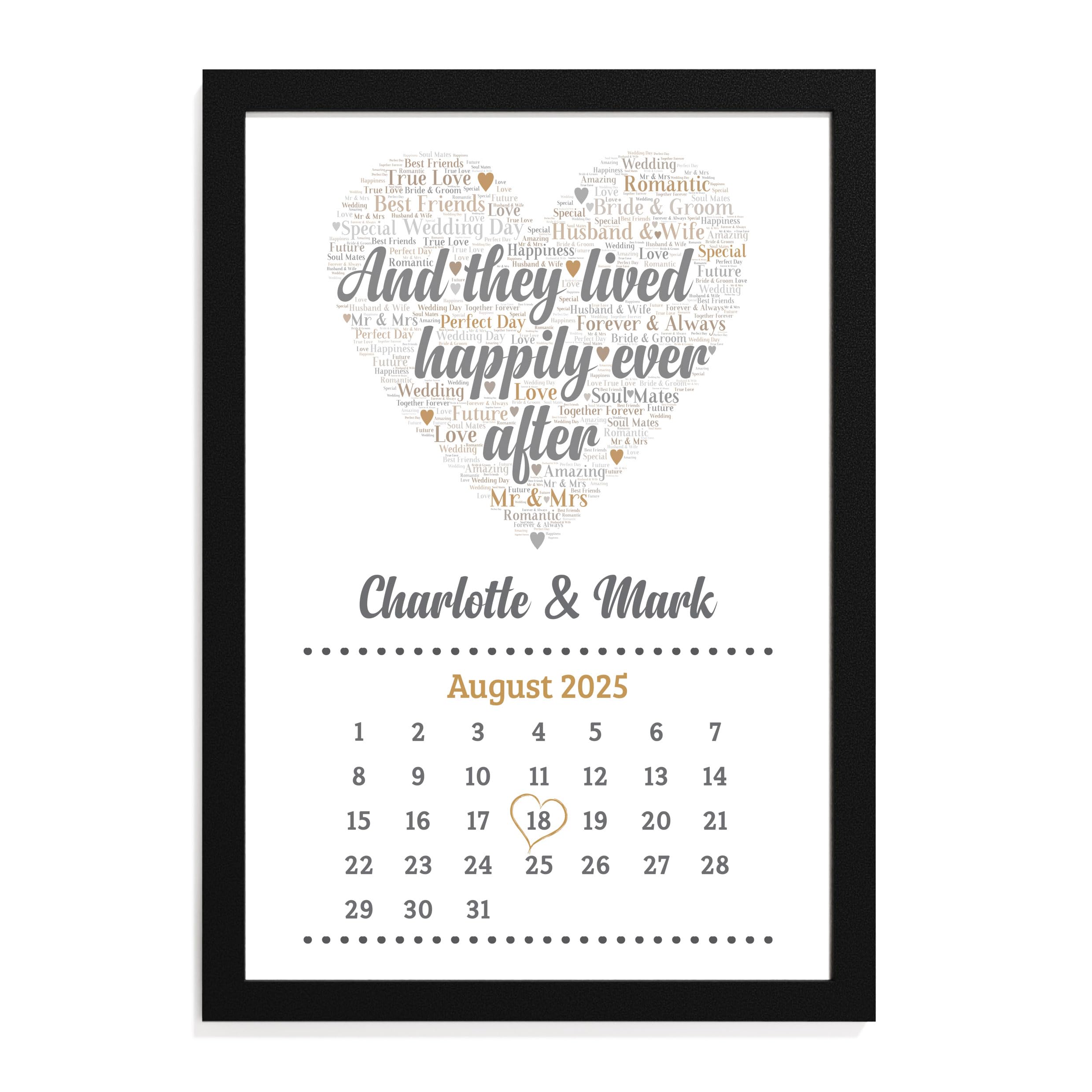 Personalised Wedding Gifts for Bride & Groom - Custom Calendar Print with Names and Date of Wedding - Personalised 'And They Lived Happily Ever' Wedding Present Keepsake