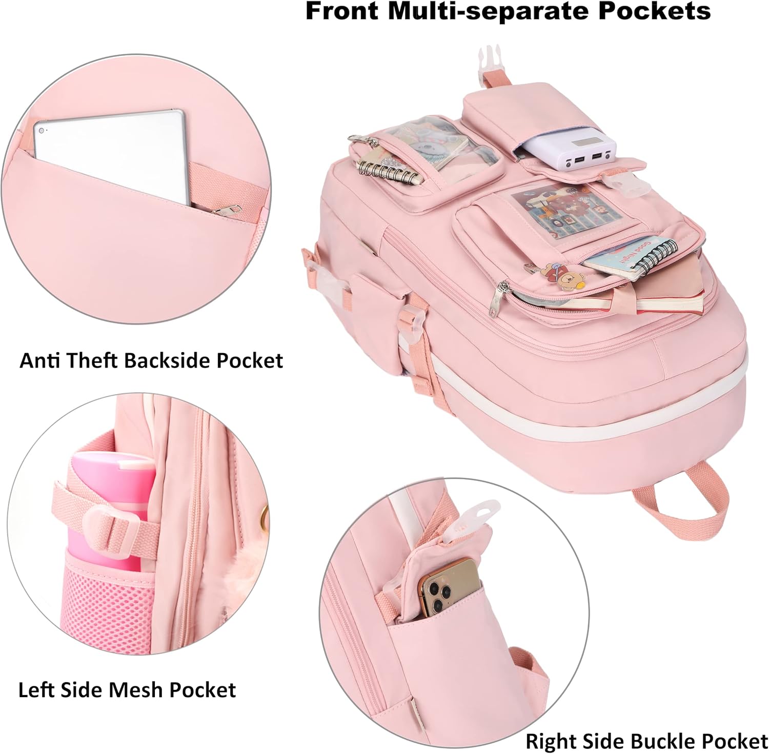 Backpack for Girls with Accessories Laptop Bookbags 16 Inch Kawaii Kids Elementary Middle High School Bag College Travel Daypack Gifts for Teens Women Students (Pink) - Image 4