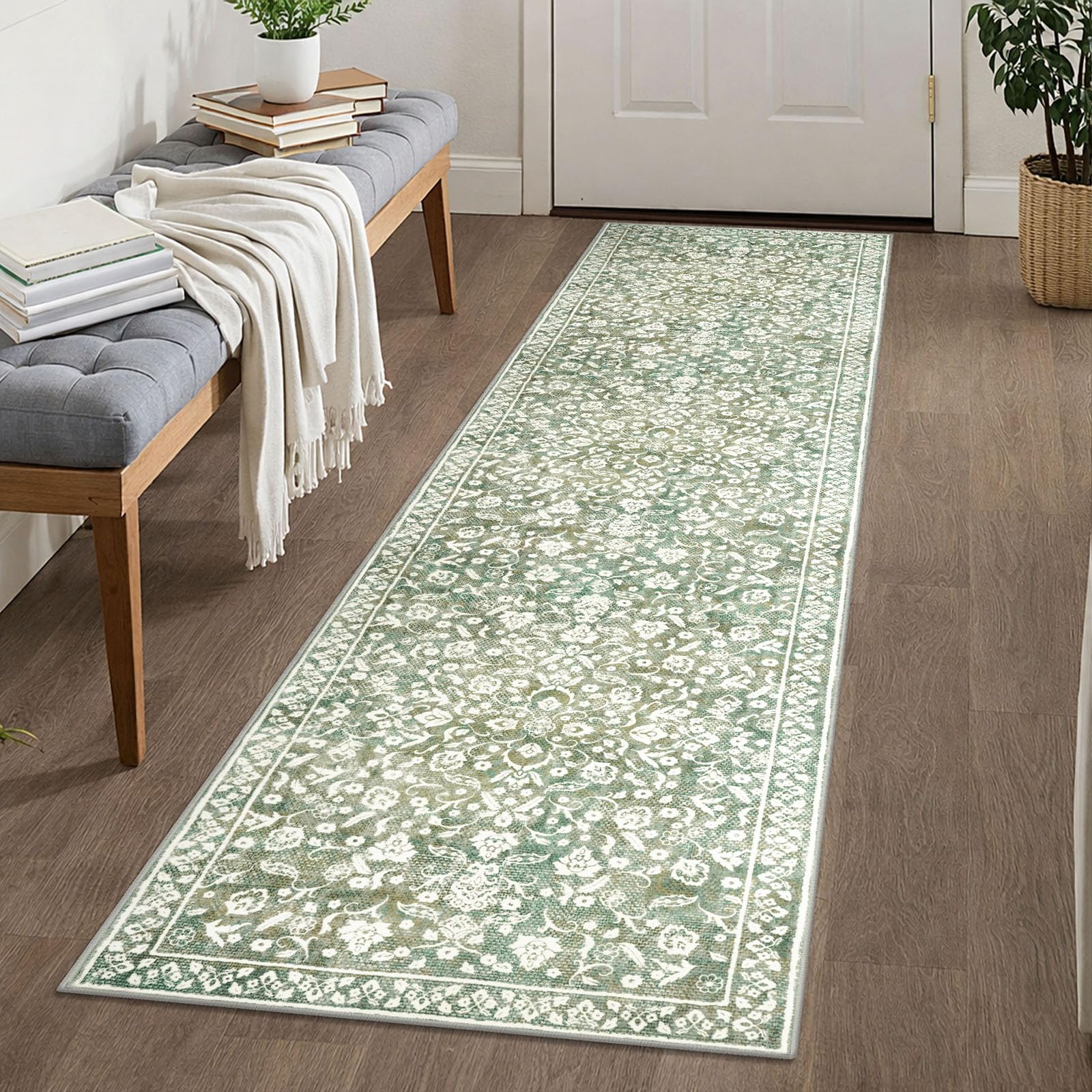 SILOLOOM Vintage 2x8 Hallway Runner, Sage Green Beige Washable Hallway Rug Non Slip, Super Soft Kitchen Runner Rug, Print Faux Wool Floral Thin Carpet
