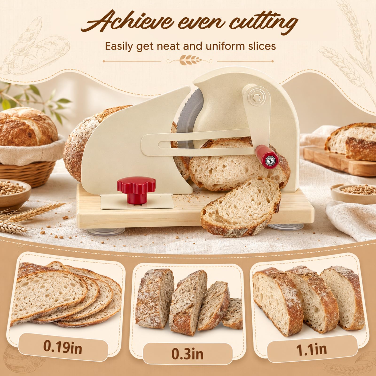 Affettatrice Manuale per Pane con Lama Acciaio, Spessore 0-28mm Regolabile | Affettatrice pane manuale–lama acciaio inox,spessore 0-28mm regolabile,manovella,base legno antiscivolo–per casa & panetteria