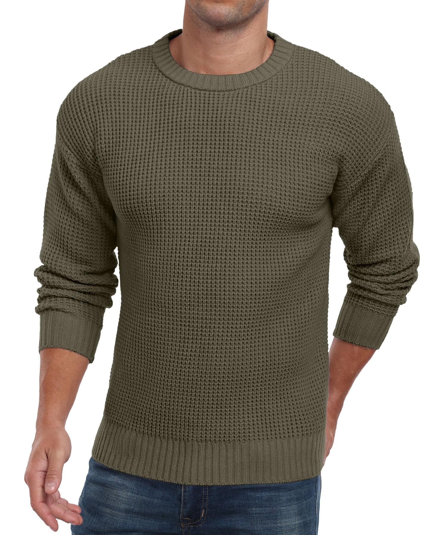 Askdeer Suéter informal de punto de manga larga con cuello redondo y textura gofre para hombre