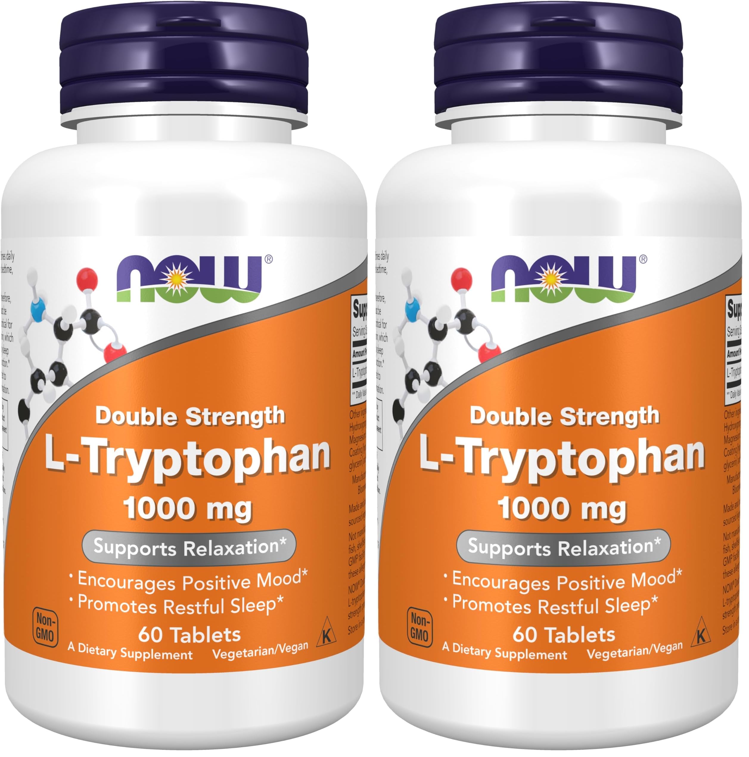 NOW Supplements, L-Tryptophan 1,000 mg, Double Strength, Encourages Positive Mood*, Supports Relaxation*, 60 Tablets (Pack of 2)