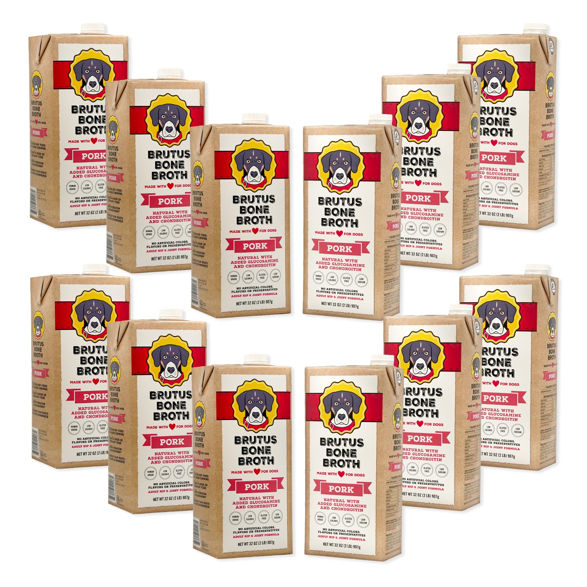 Brutus Bone Broth for Dogs | All Natural | Made in USA | Glucosamine & Chondroitin for Healthy Joints | Human Grade Ingredients | Hydrating Food Topper, Gravy & Treat (Pork, 12-Pack)