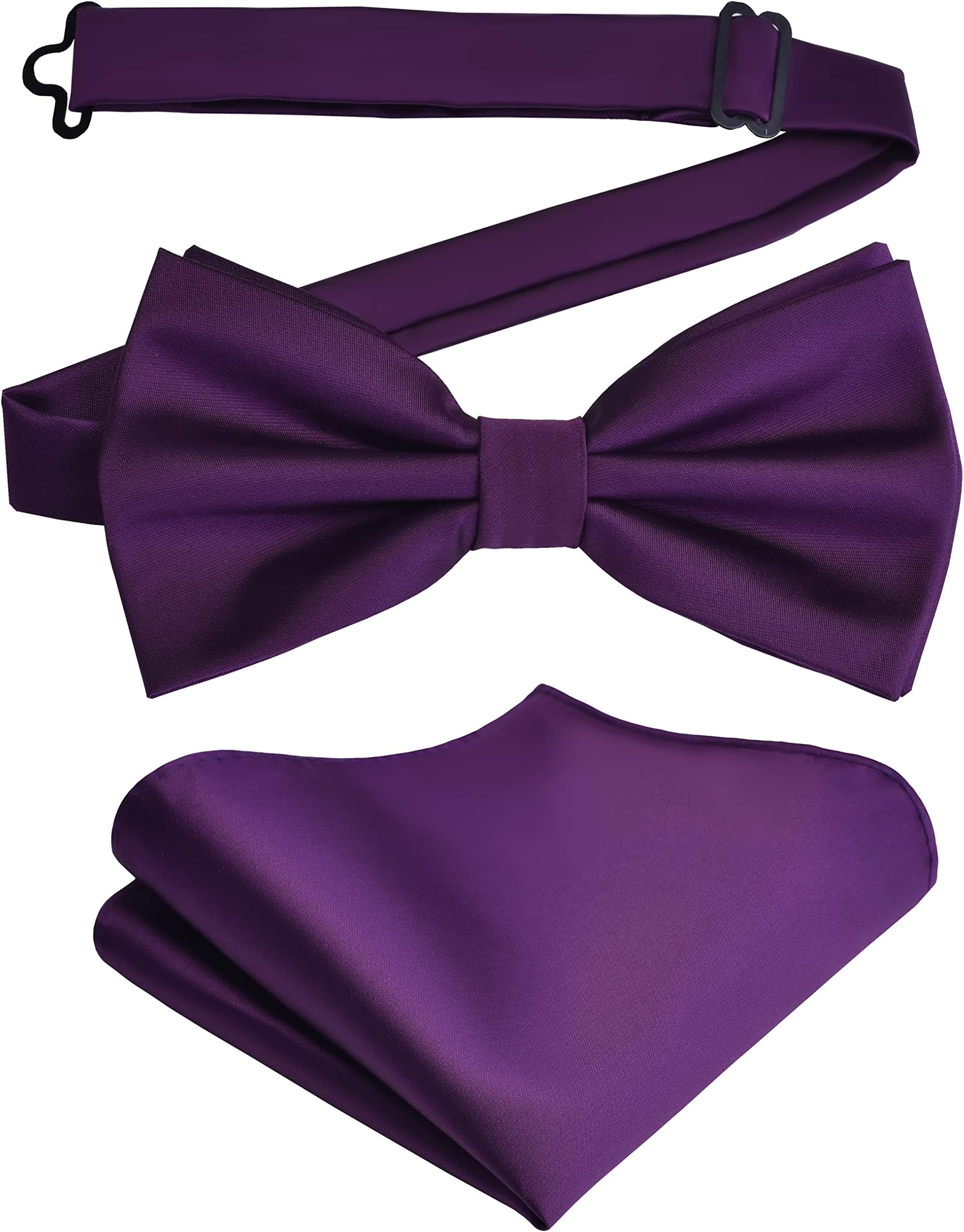 Mens Solid Color Double Fold Pre-tied Bow Tie and Pocket Square Set