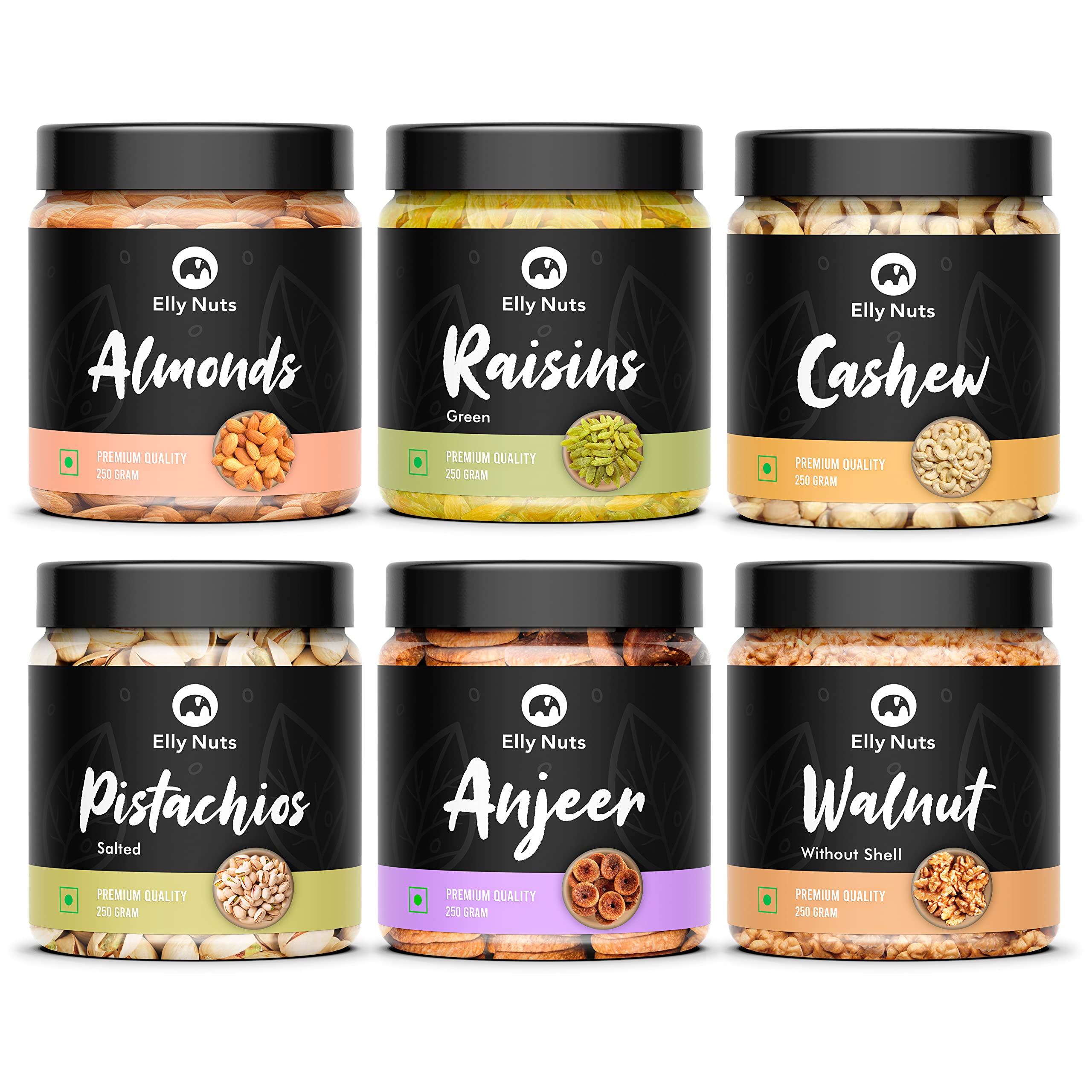 Elly Nuts Dry Fruits Combo Pack 250 gms Each Total Weight 1.5 Kg (California Almonds, Green Raisins, Cashew Nuts, Pistachios, Anjeer & Walnut) - Healthy Dry Fruits [Jar Pack] - Diwali Gift Pack (B09NBVFSSR) Amazon Price History, Amazon Price Tracker