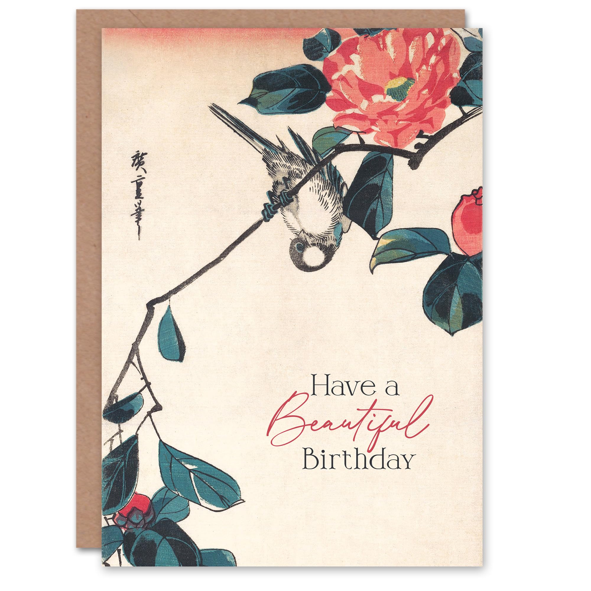 Artery8 Birthday Card Japanese Camellia & Bullfinch Bird - Pink